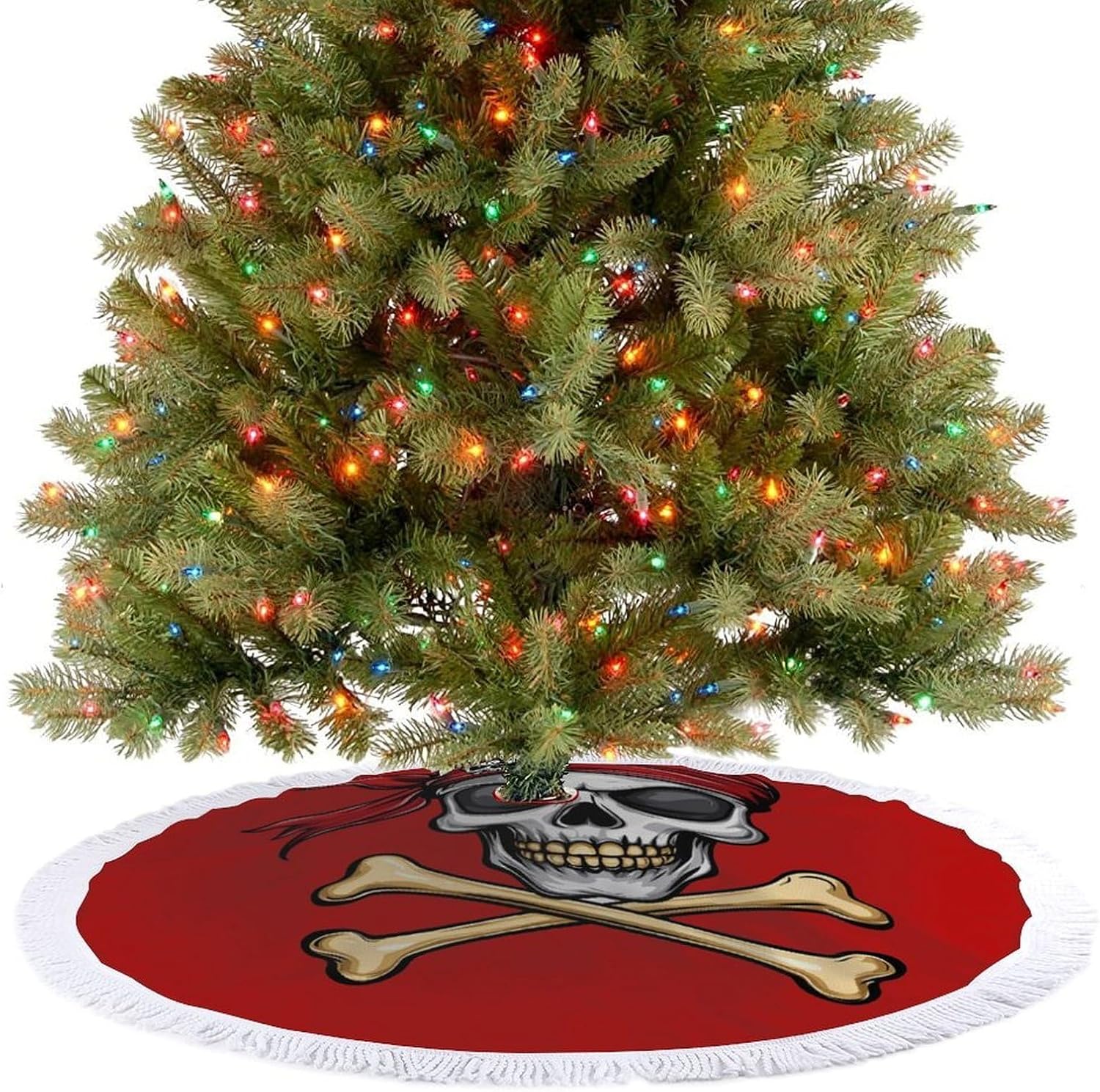 Jolly Roger Skull Christmas Tree Skirt Round Xmas Tree Mat Ornaments Tree Skirts with Tassels for Holiday Party