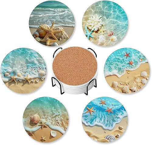 Miniatura 9 de 6 piezas de posavasos con soporte, posavasos redondos absorbentes de flores botánicas de cerámica para protección de mesa, para tazas de café,