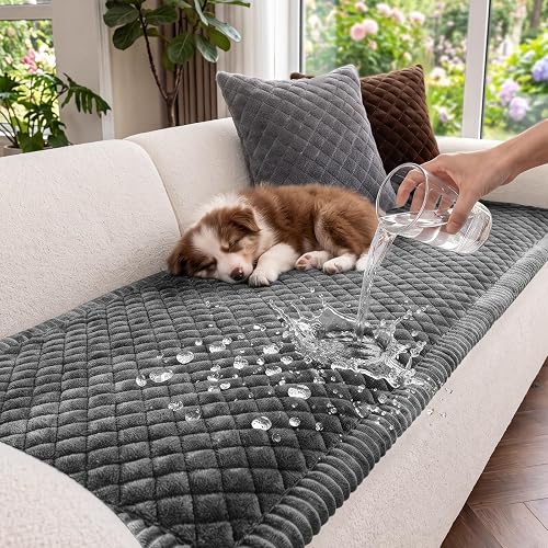 Waterproof Couch Cover for Dogs, Non Slip Washable Sofa Covers for Pets, Cozy Soft Flannel Quilted Slipcover for 4-Cushion Couch, Dark Gray, 27.6"×82.7", 1 pcs