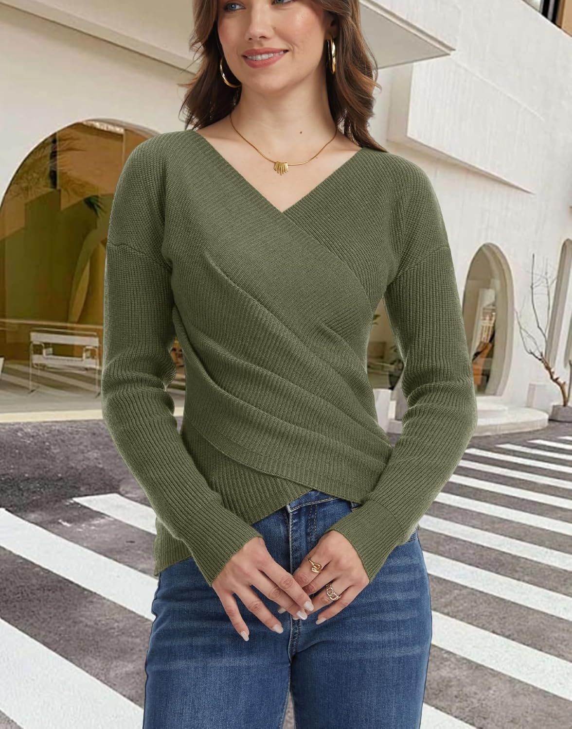 Wrap Criss Cross Sweater for Women, V Neck Ruched Pullover Off Shoulder Long Sleeve Fashion Fall Casual Tops - Image 2
