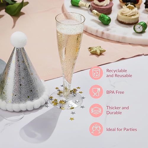 Vista 5 de Prestee Paquete de 48 copas de champán desechables de plástico, copas de flauta con purpurina dorada para champán, barra de mimosa, suministros