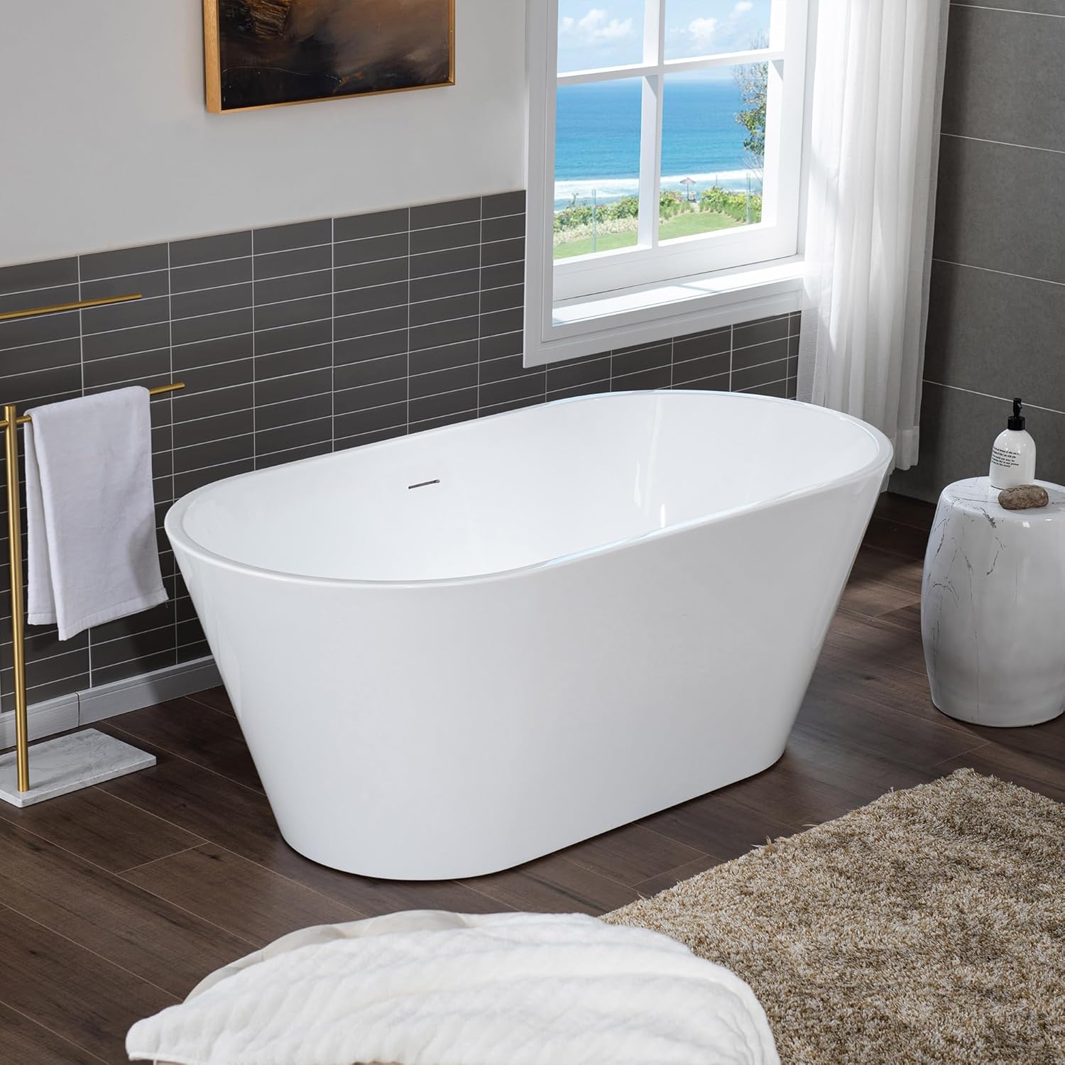 WOODBRIDGE 59 X 29.5 X 22.8" freestanding soaking bathtub with matte black drain included, White WE009