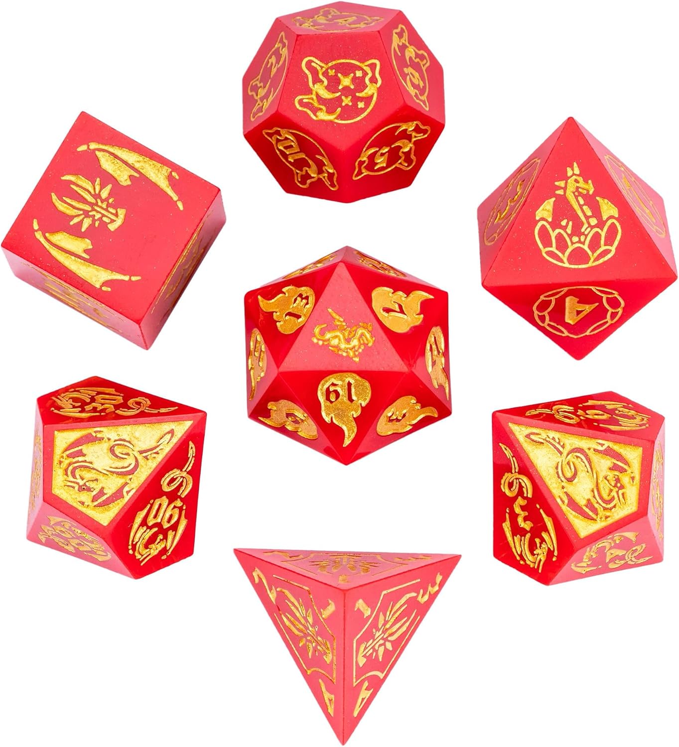 Cusdie 7-Piece Sharp Edges DND Dice Set with Dragon Pattern - Perfect for Tabletop RPGs Board Games Gifting and Collecting(Red with Gold Number)