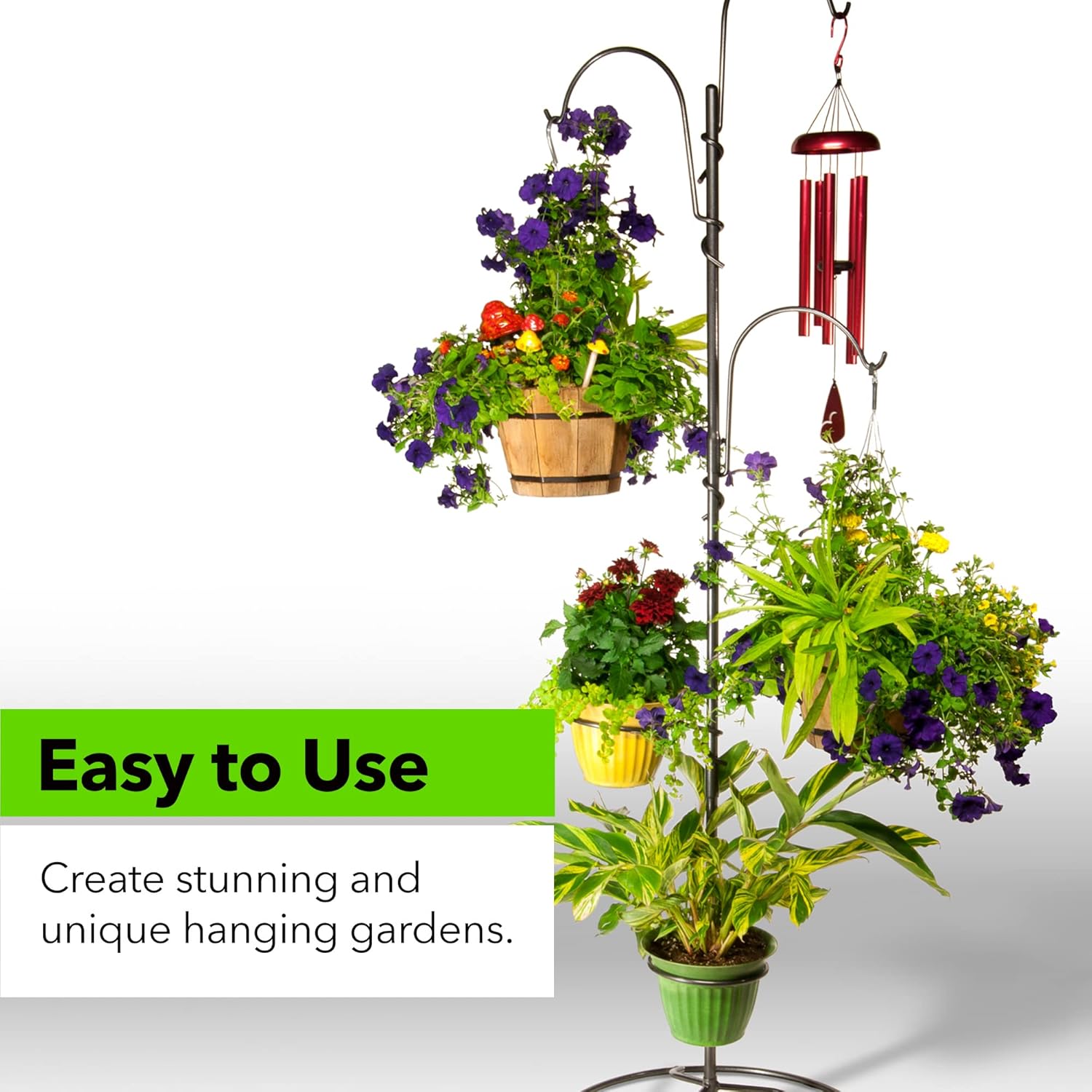 Yard Butler YT-5 Yard Tree Hanging Garden - Three Shepherd Hooks for Outdoor or Indoor Plant Hanging - Two Circular Holders for Plant Pots - Heavy Duty Anti-Tip Base and Steel Center Pole, Black, (IYT5)