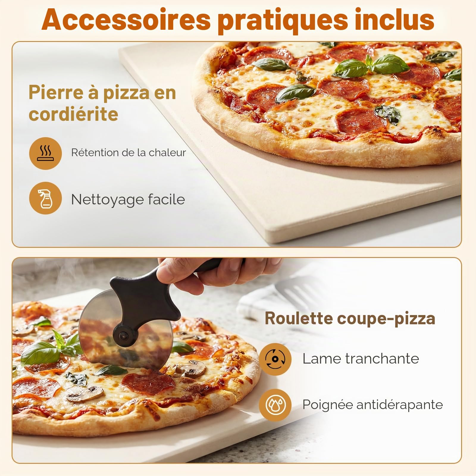 FANTASK Four à pizza électrique jusqu'à 400 °C, 6 programmes, fonction de cuisson en 2 minutes, pierre à pizza et roue de coupe, appareil à pizza d'intérieur