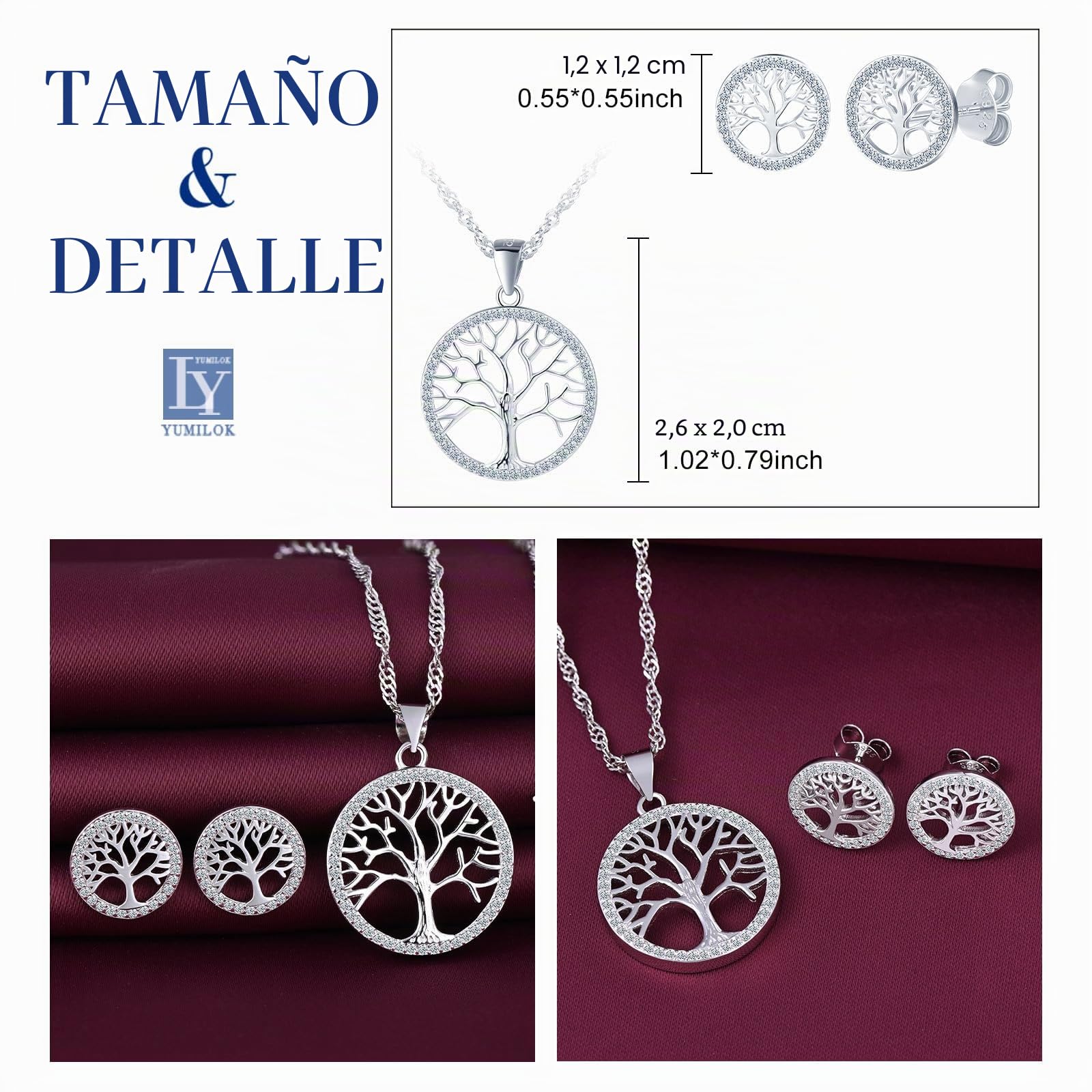 Yumilok Árbol de la vida collar Mujeres 925 plata esterlina Zirconia Árbol de la vida Stud Pendientes Piercing Huggie oído Conjunto de joyería