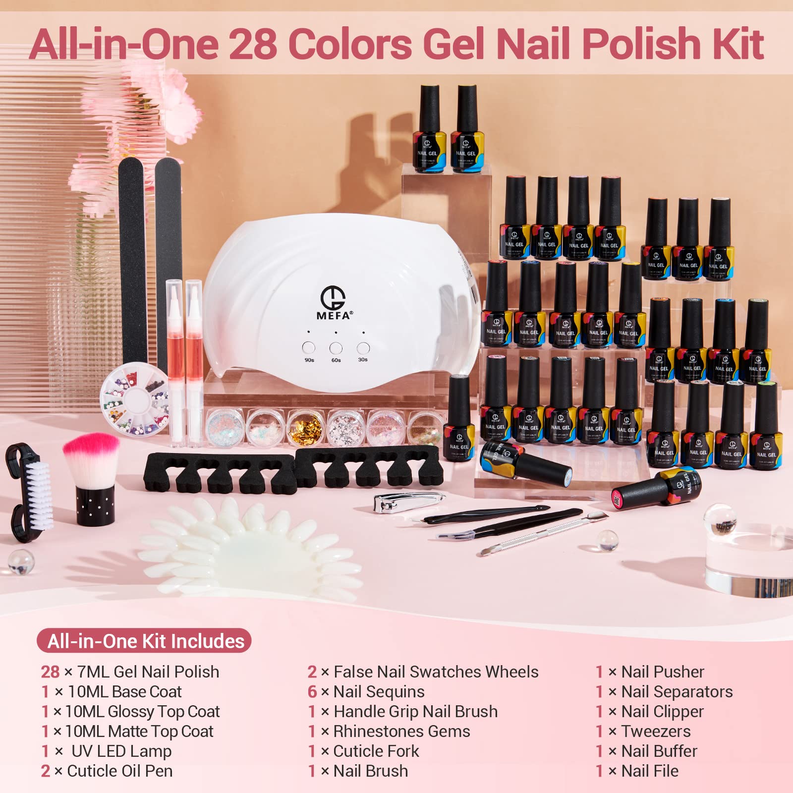 MEFA Gel Nail Polish Starter Kit with U V Nail Light 52 PCS, 28 Color Gel x Nail Kit with Everything Long Lasting All Seasons Set, No Wipe Base Top Coat & Manicure Tools, DIY at Home Salon Design Gift
