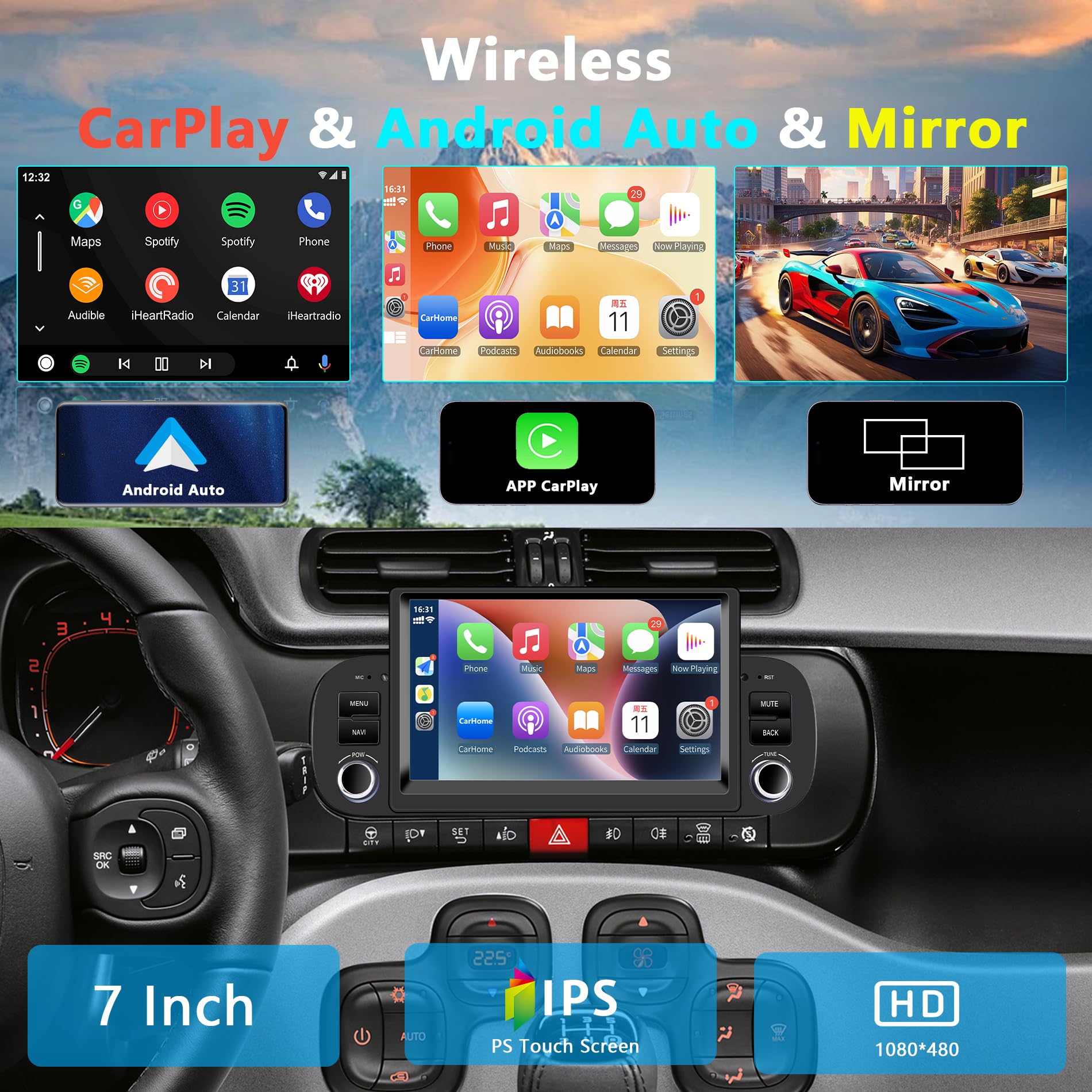 Autoradio Fiat Panda 2013-2020 con Android Auto y CarPlay Inalámbrico, 7" Pantall Radio Coche Bluetooth Estéreo IOS Android con FM GPS Navegación USB Cámara Trasera Mic Reproductor Multimedia
