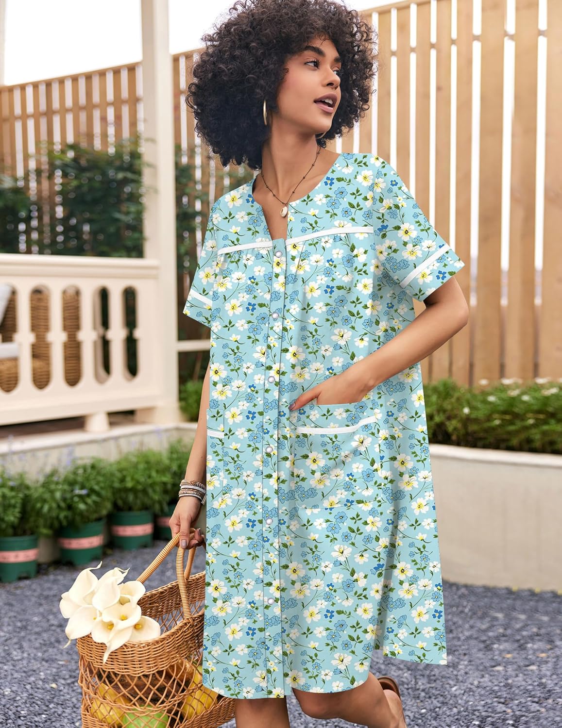 Ekouaer Nightgowns for Women House Dress with Pockets Snap Front House Coat Short Sleeve Duster Moo Moos Sleepwear S-3XL