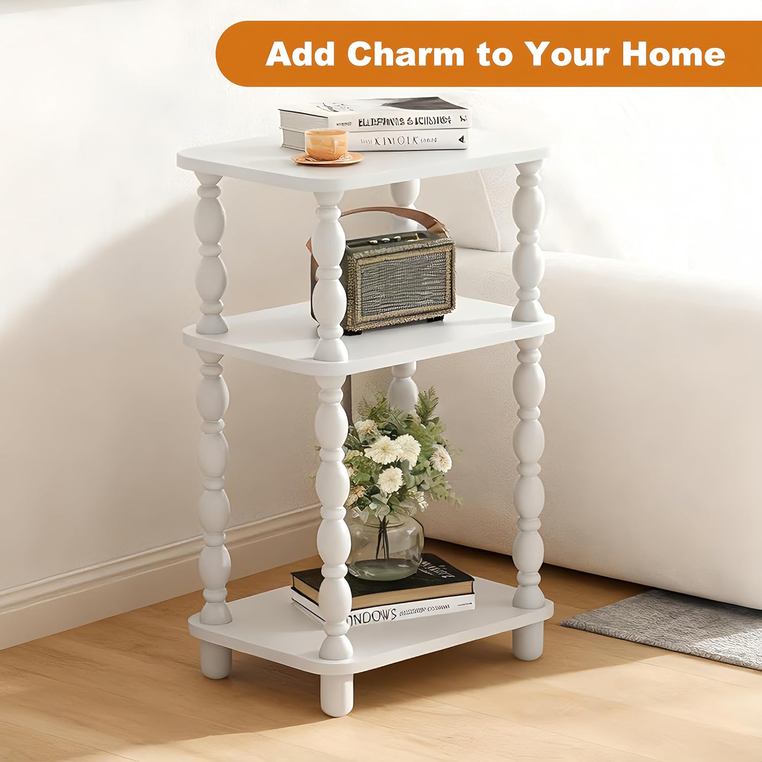 Modern Accent Side Table, 3-Tier Small End Table for Living Room, Farmhouse Side Tables, Couch Side Table for Skinny Spaces, Bedside Table Nightstand for Bedroom(White)