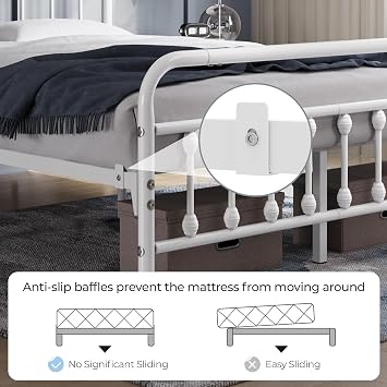 Yaheetech 5ft King Bed Frame Vintage Iron Platform Bed with High Headboard and Footboard, Strong Metal-Framed Bed with Storage White