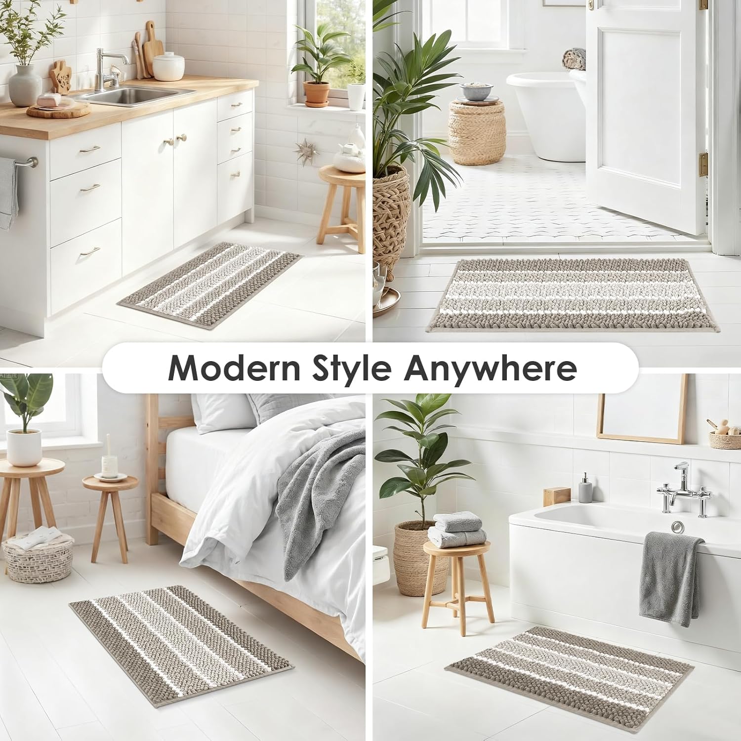 ArtyCozy Chenille Bathroom Rugs 3 Pieces, Extra Thick Absorbent Non Slip Bath Mats with U-Shaped Toilet Rug, Soft Plush Bath Floor Mat Machine Washable, Brown, 17"x24" Plus 20"x48" Plus 20"x24"