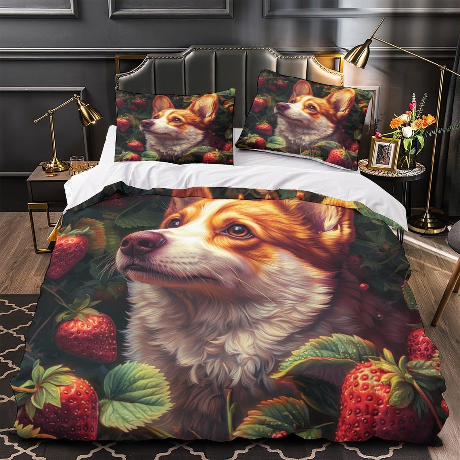 Housse de couette anti-tache chien fraise imprimé 3D avec zip