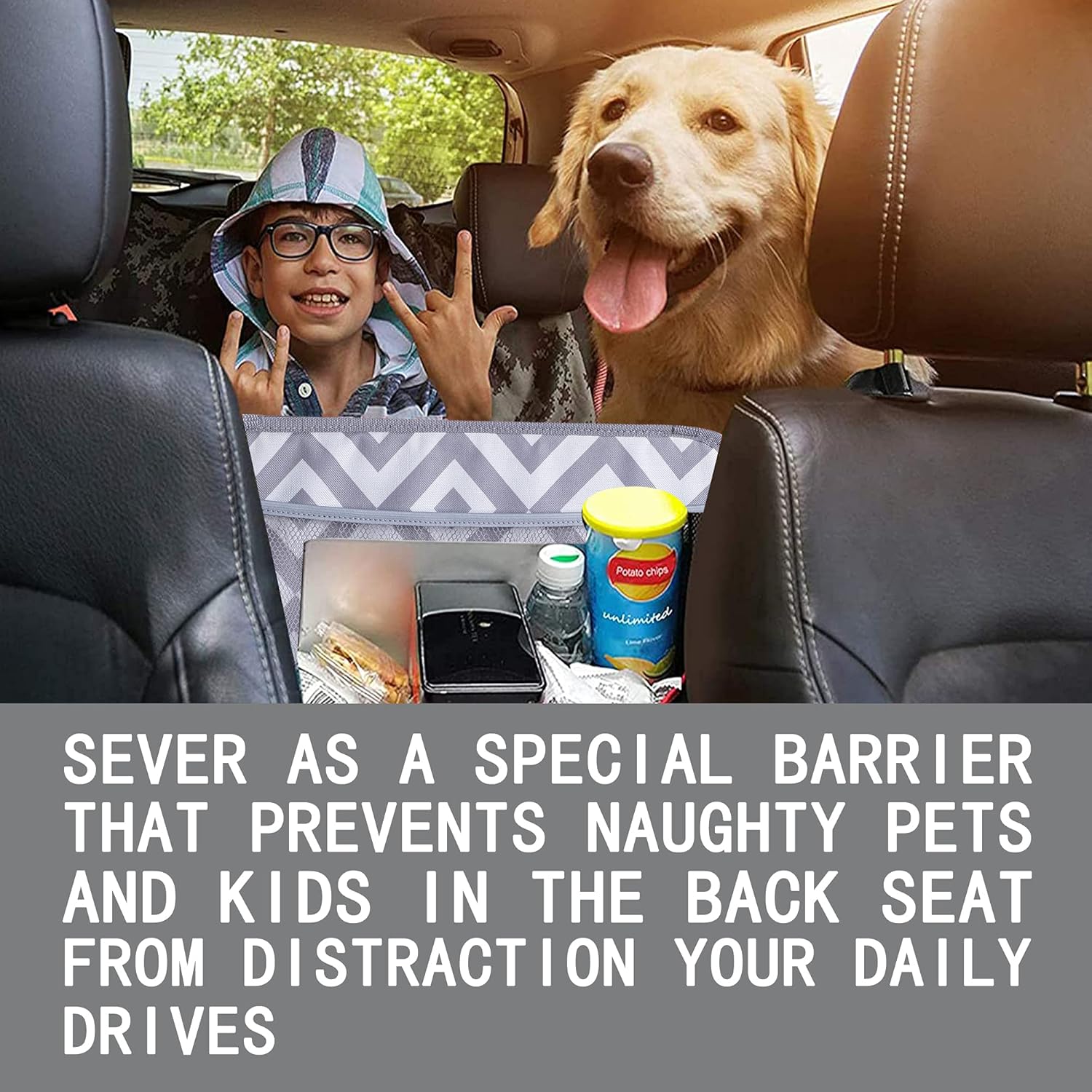 Car Organizer with Net Pocket Handbag Holder Between Car Front Seats Collapsible Storage Organizer with Purse Holder Pet and Kids Barrier（Gray Diamond） Photo