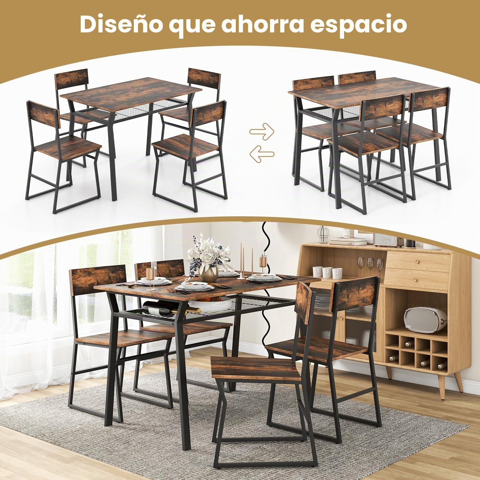 GIANTEX Juego de Mesa de Comedor 5 Piezas, Conjunto de Mesa y Sillas para 4 Personas, Marco de Metal, Muebles de Comedor de Estilo Industrial, Mesa con Estante de Malla (Marrón Rústico)
