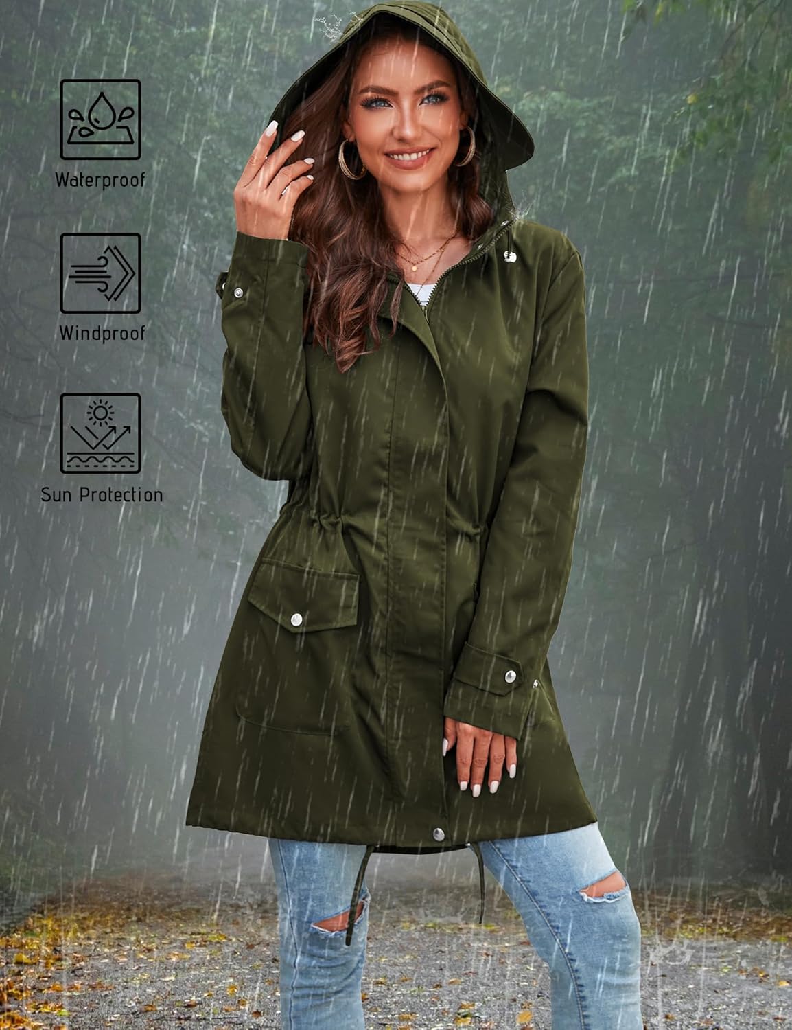 Bloggerlove Rain Jacket for Women Waterproof with Hood Trech Coat for Women Lightweight Raincoats Long Windbreaker - Image 5