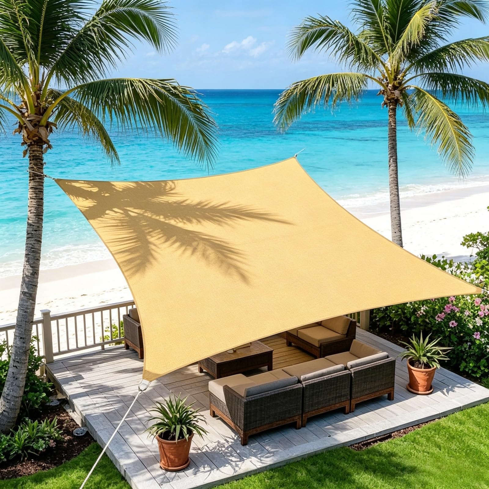 Toile d'ombrage pour jardin et patio rectangulaire crème avec cordes