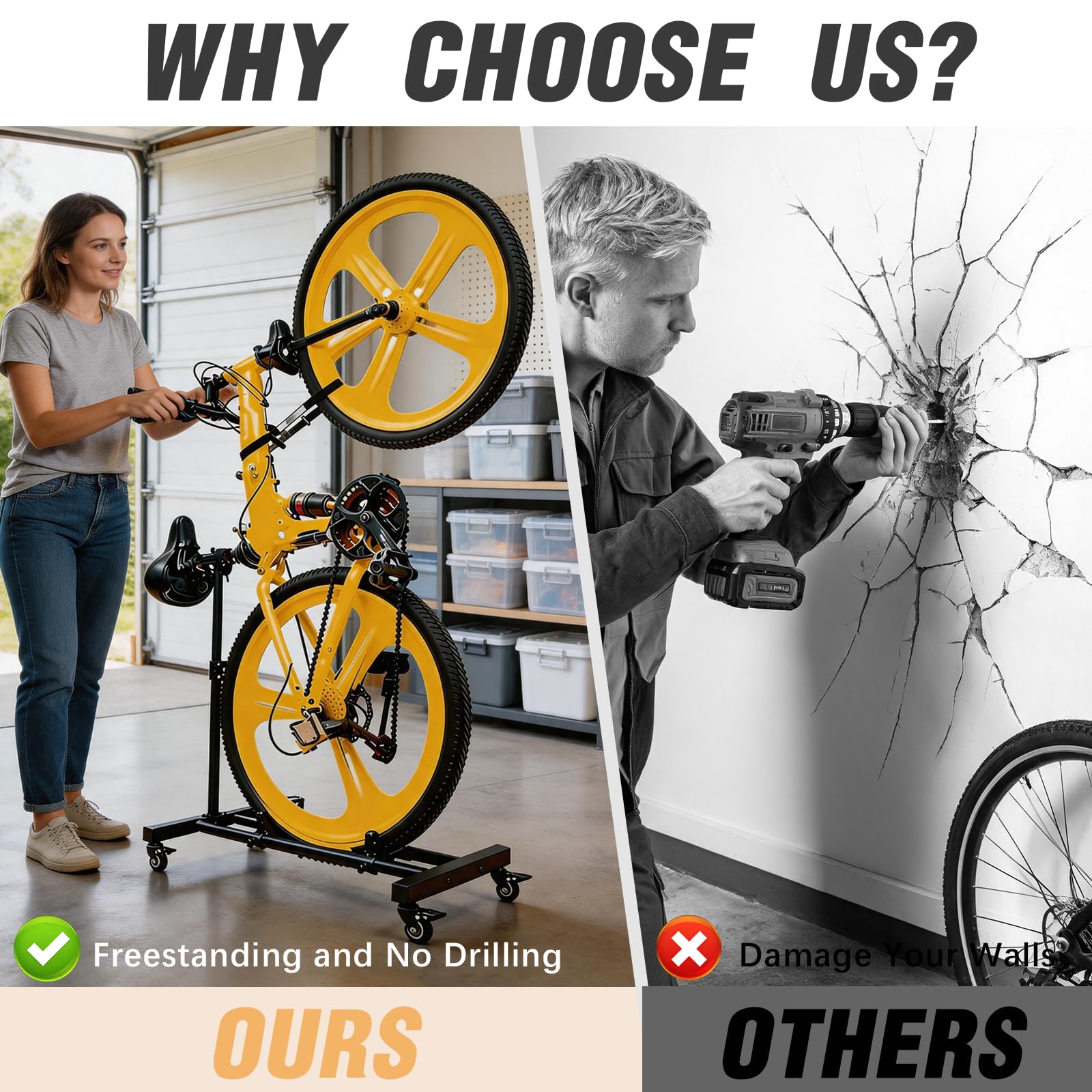 BRGD Support Vertical de Vélo avec Roues 360°, D'intérieur Autonome Capacité de Charge Jusqu'à 50kg, Compatible avec des Pneus Jusqu'à 4 Pouces