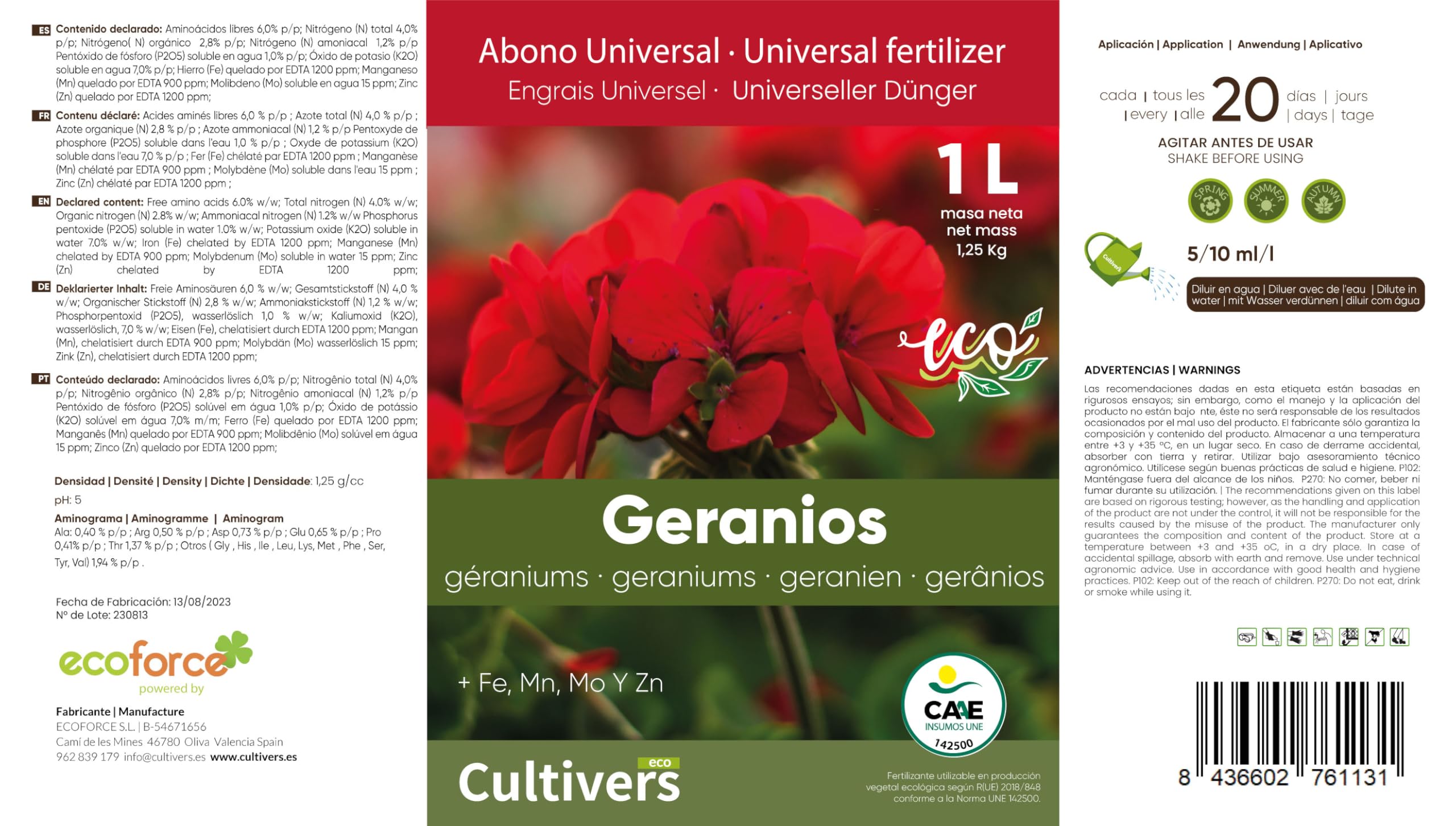 CULTIVERS Fertilizante Geranios Ecológico Líquido DE 10 L. Hojas más verdes, Mayor Floración e Intensifica el color. Con Macronutrientes y Micronutrientes. Abono 100% Orgánico y Natural