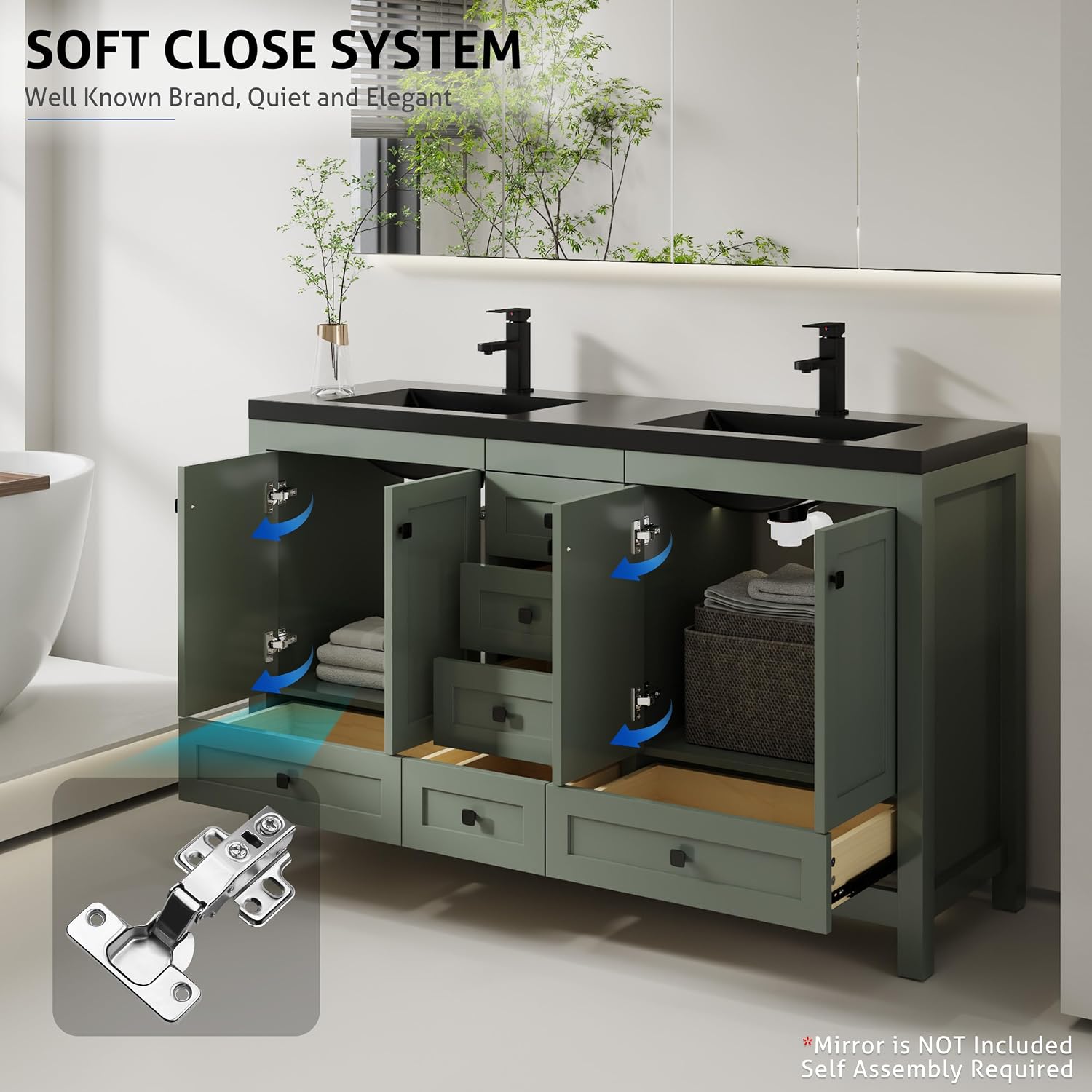 eclife 60" Bathroom Vanities with Sink Combo, Modern Freestanding Painted Bathroom Storage Cabinet w/Undermount Double Black Sink, Include Faucet and Drain, Gray Green