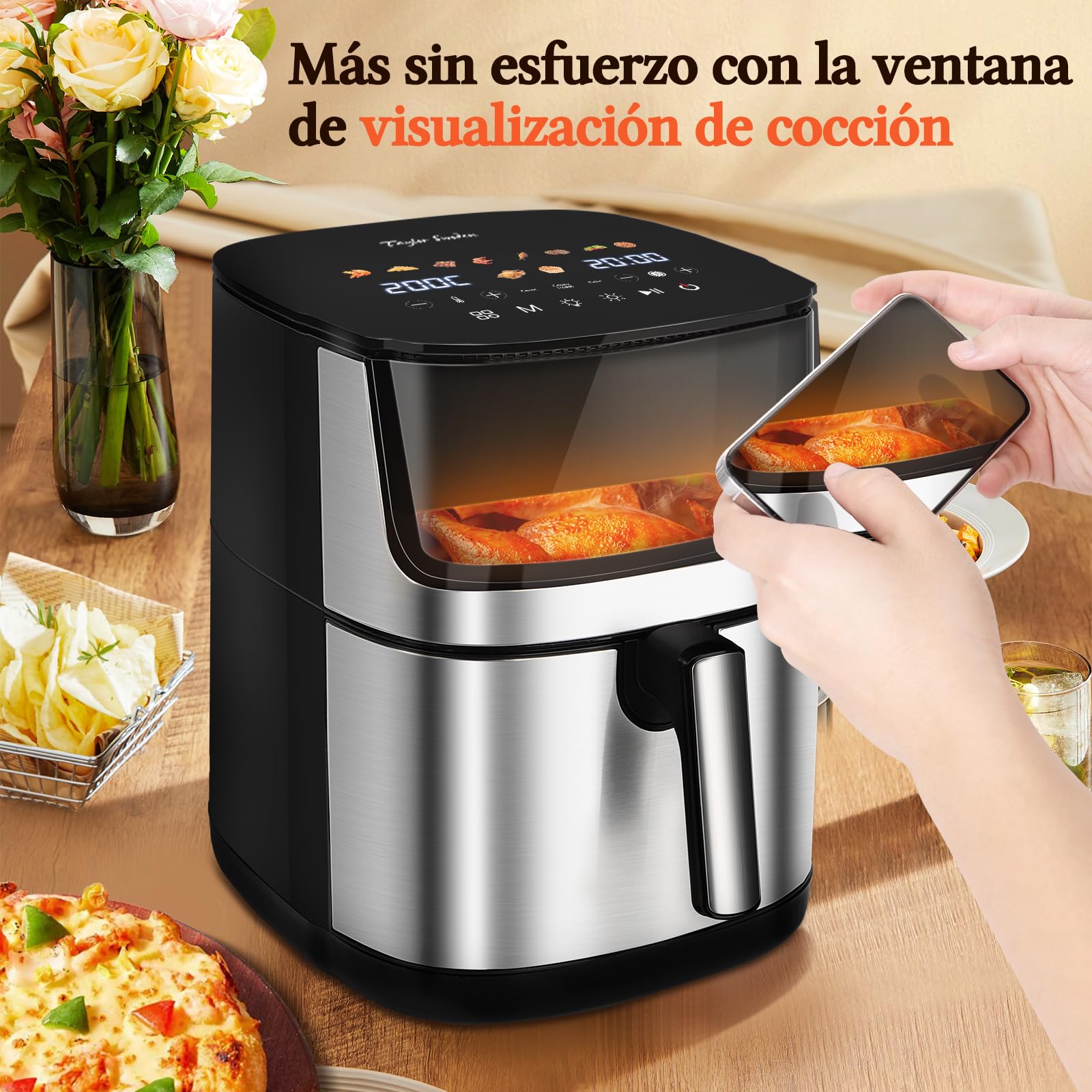 Taylor Swoden Freidora de Aire 8L XXL, Air Fryer con Doble Resistencia Arriba y Abajo, Ventana de Visualización, 2000W, Interior Metálico, 10 Programas, Pantalla Táctil, Freidora sin Aceite