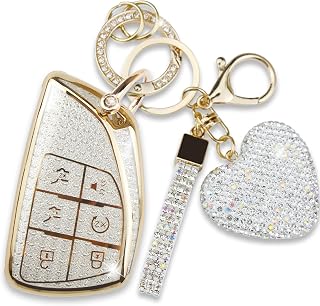 Key Fob Cover with Diamond Heart Keychain Car Key Shell Compatible with 2021-2024 Chevy Tahoe Suburban GMC Yukon Denali Silverado Buick Full Protector for Women (6 Buttons-Gold)