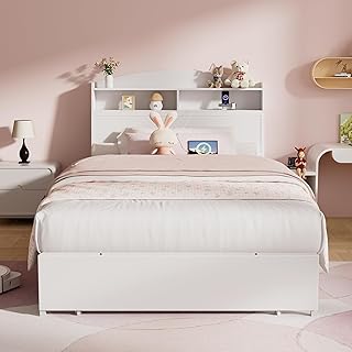 Wooden Twin Bed Frame with Smart Storage Headboard & Drawer, 3-in-1 USB Charging Station, No Box Spring Required, Non-Slip Design, Perfect for Kids, Teens, or Guest Room (No Door White, Twin)