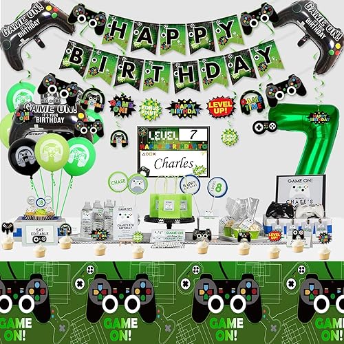 Miniatura 7 de Decoraciones de fiesta de videojuegos  Decoraciones de 7 cumpleaños para niños, pancarta de feliz cumpleaños, mantel de videojuegos, globos con