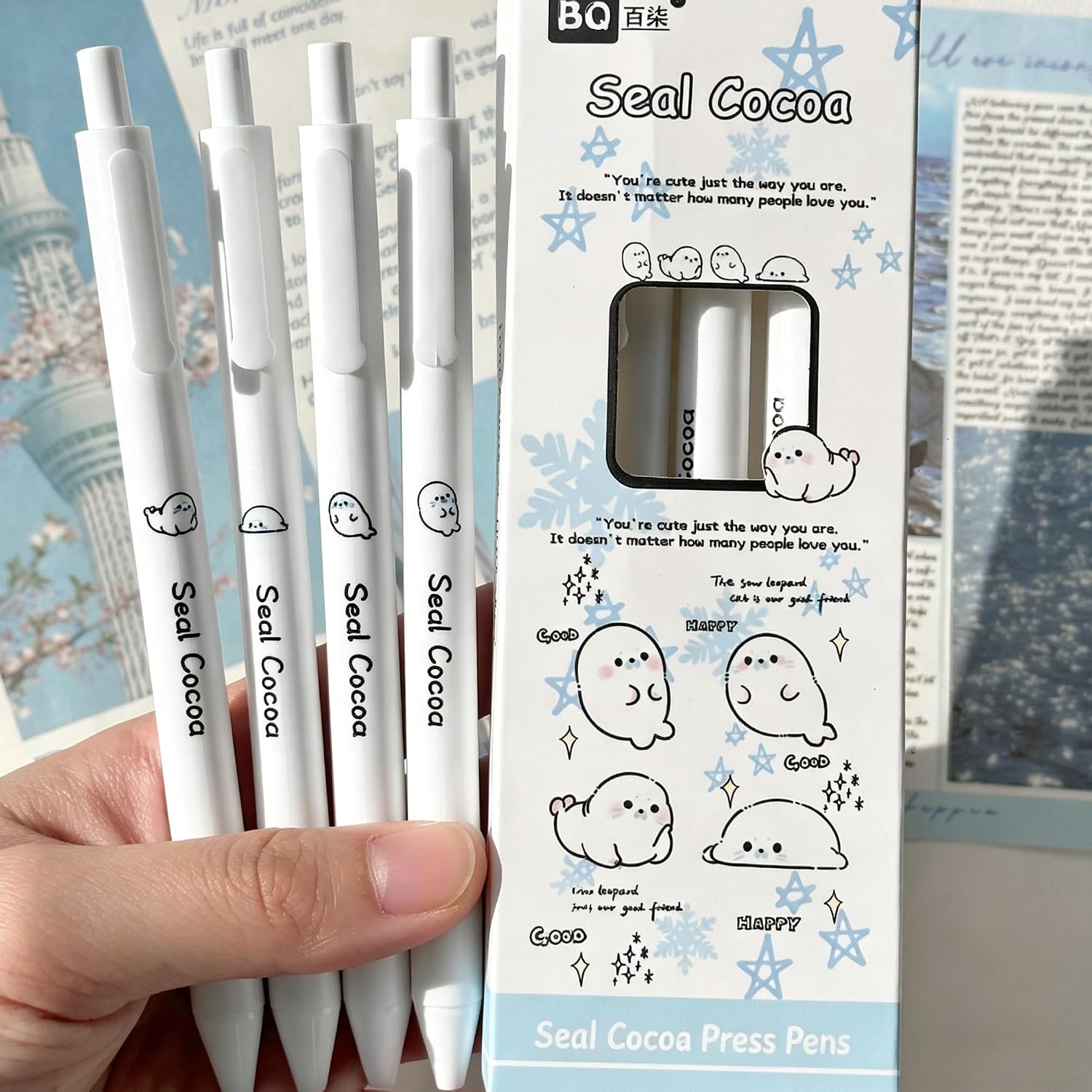 Cute Seal Pencil Case Set, Blue 12-Layer Large Pencil Case,Gel Pens, Pencil,Brooch,Stickers, Sticky Note,Greeting card and Plush Seal Keychain.