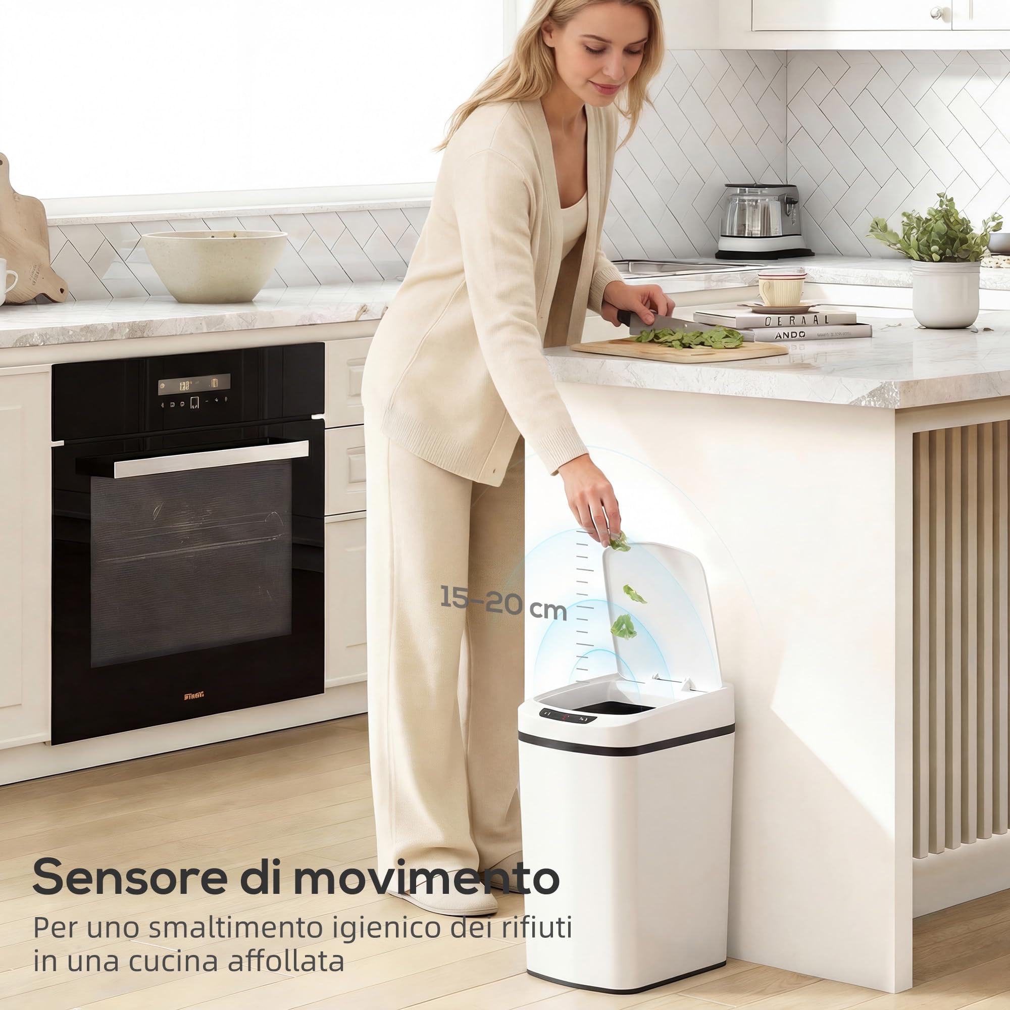 HOMCOM Cestino Pattumiera da 12L Sensore a Infrarossi 28x22x41 cm Bianco | Pulsante Touch, Secchio Rimovibile, Bidone per Immondizia, Acciaio Inox, ABS e PP
