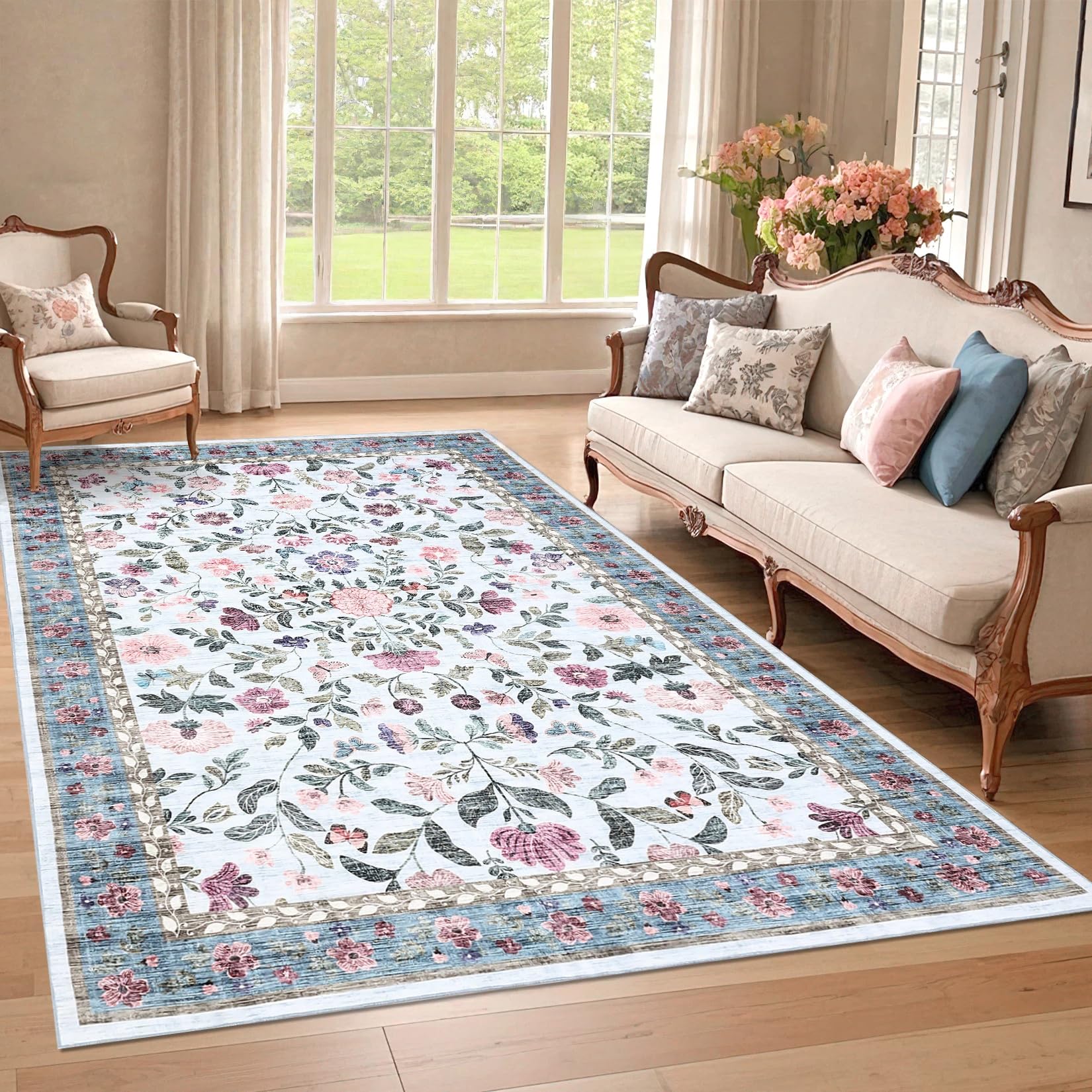 CAROMIO Vintage Blumenmuster Teppich Wohnzimmer 160x230 cm Kurzflor Blau | Waschbarer Teppich Blumenmuster, Vintage Kurzflor Boho Rutschfest Faltbar