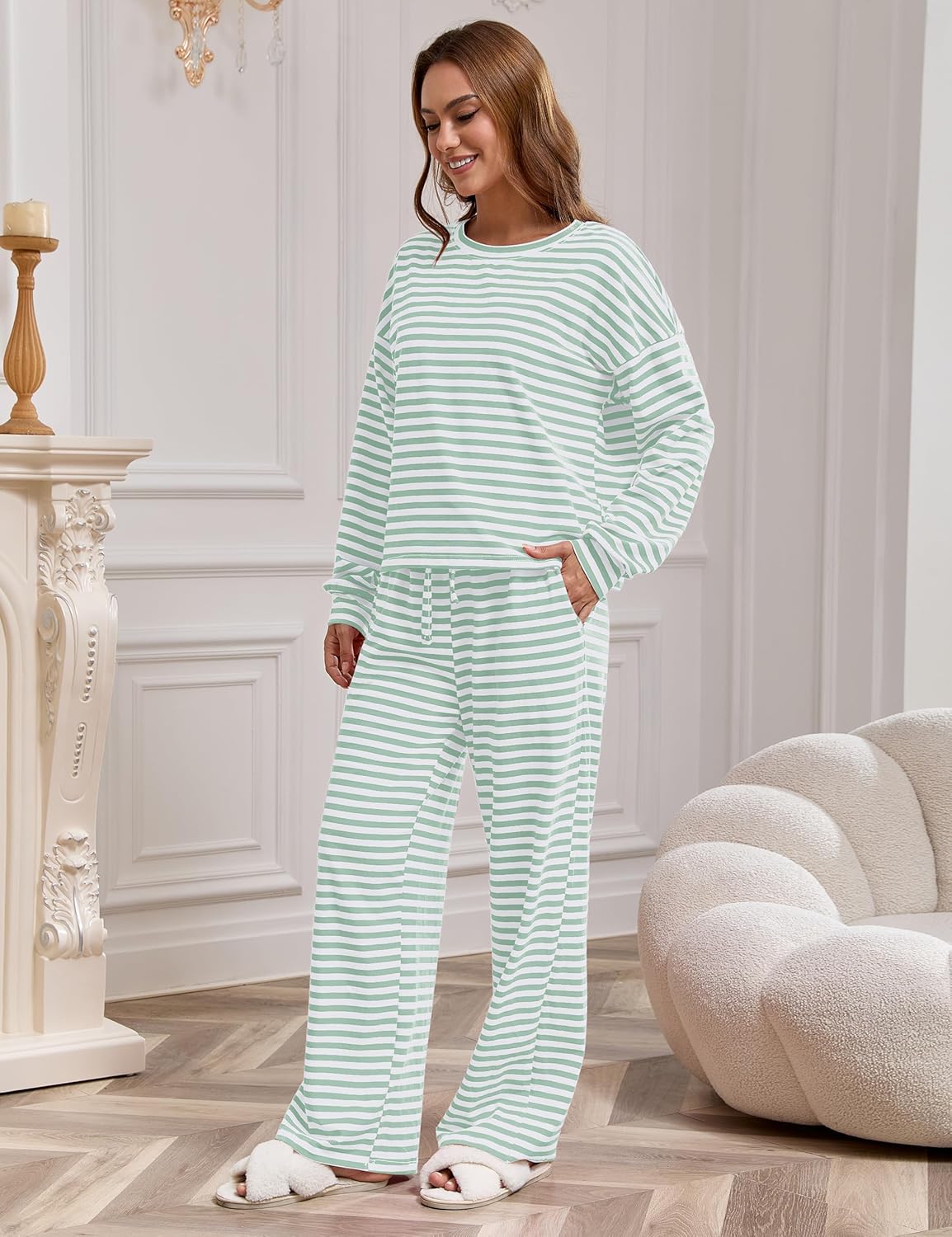 MISSACTIVER Women's Striped 2 Piece Lounge Set Casual Long Sleeve T-Shirt Drawstring Wide Leg Pants Matching Pajamas Set - Image 4