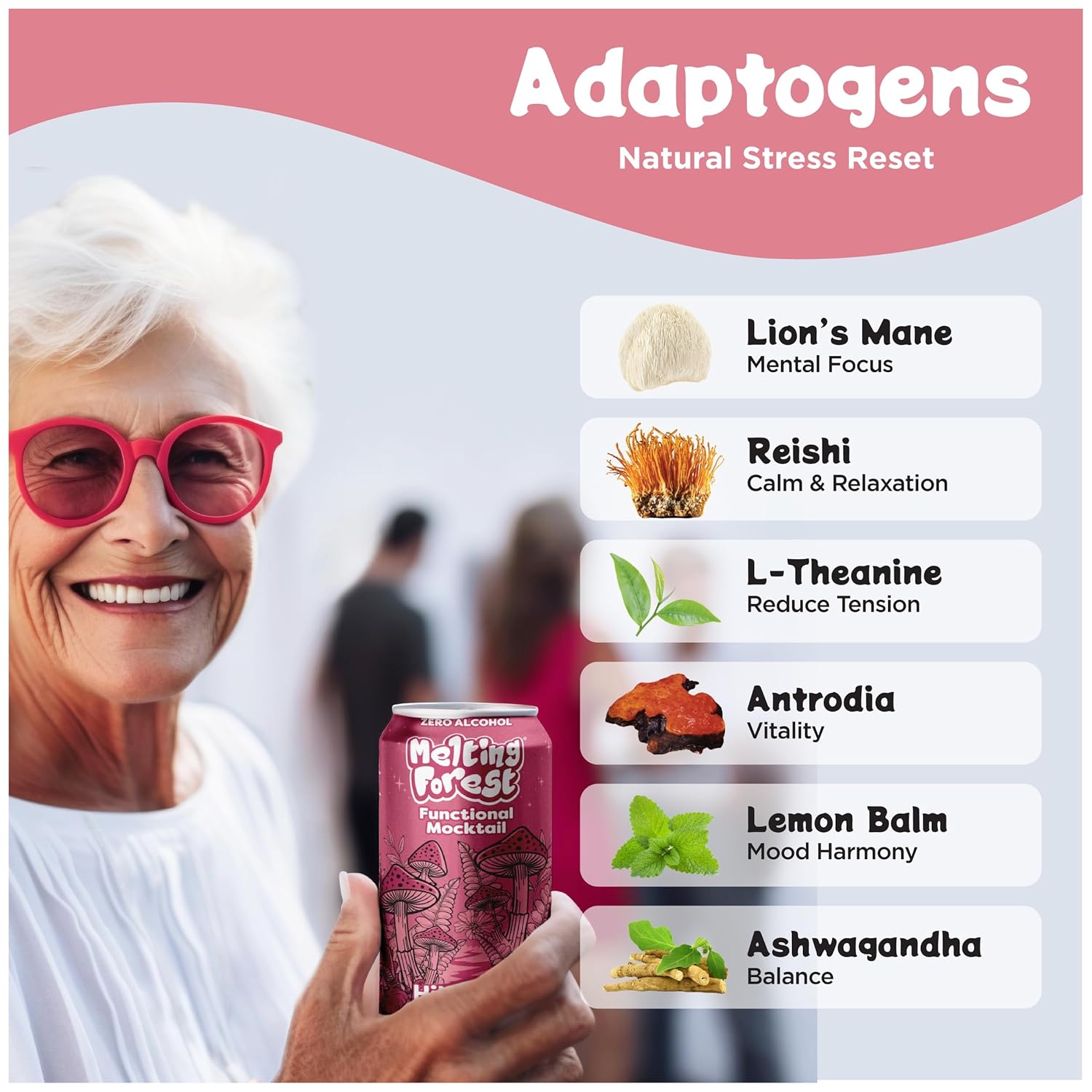 81HSROI3PhL._SL1500_ Melting Forest Functional Mocktail Hibiscus Rose – Alcohol-Free, Euphoric Adaptogen Drink with Reishi, Antrodia, Lion’s Mane, Ashwagandha – 10 Calories, Vegan, Gluten-Free (4 Pack)