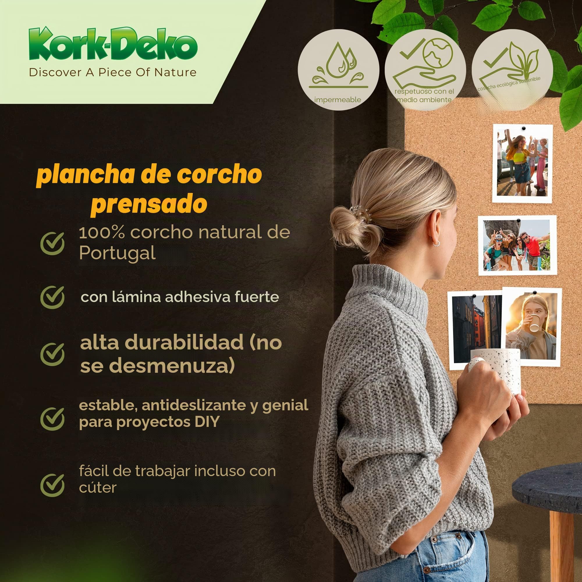 Plancha de corcho prensado, autoadhesiva, con adhesivo 3M, 900 x 600 mm (90 x 60 cm), 5 mm de grosor, para tablón de anuncios, revestimiento de pared y decoración