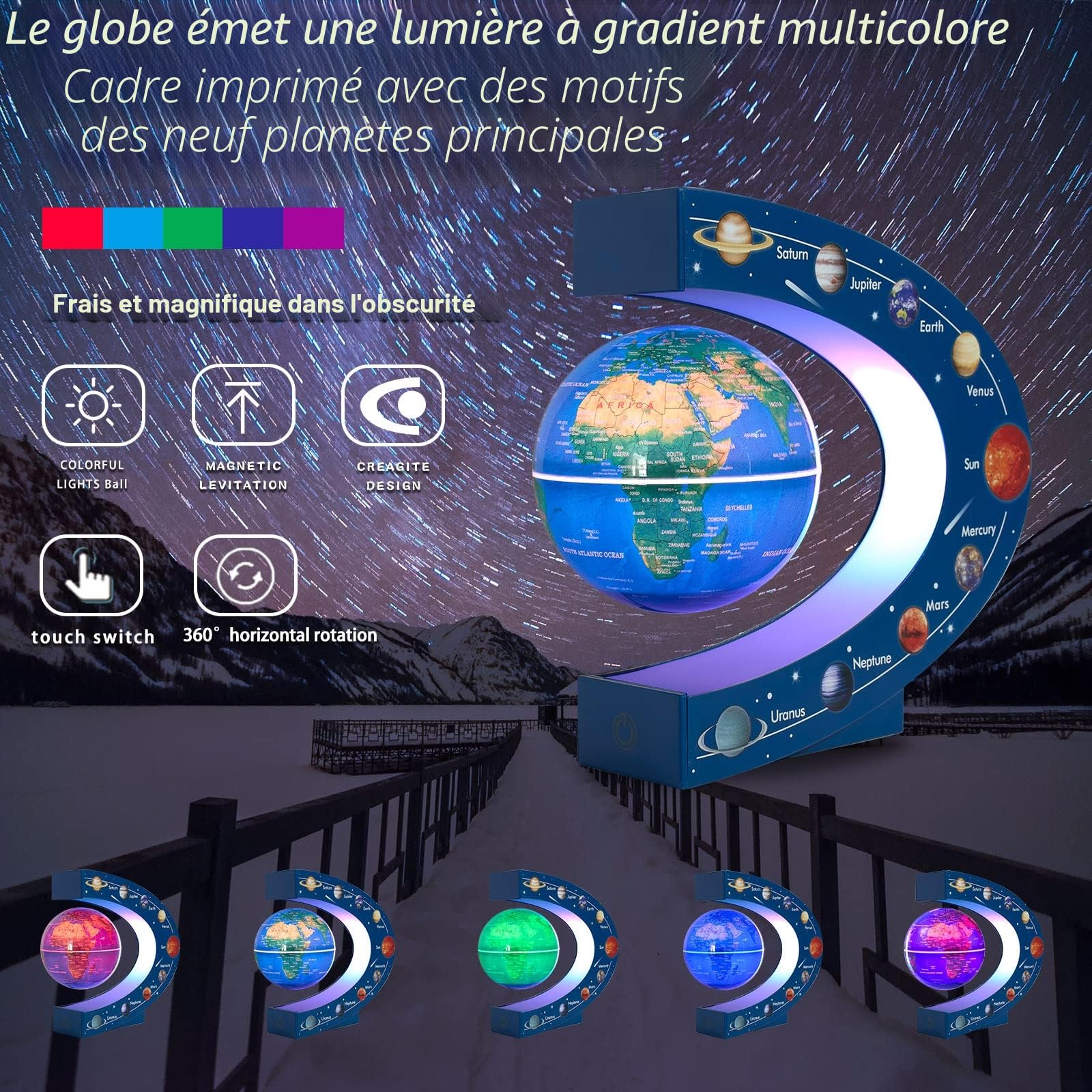 Globe Terrestre Magnétique en Lévitation Rotatif 3 Pouces avec Lampe Colorée, Cadeau Déco de Bureau Original pour Hommes, Patron ou Jouet Éducatif pour Enfants, Système Solaire 9 Planètes Astronomie
