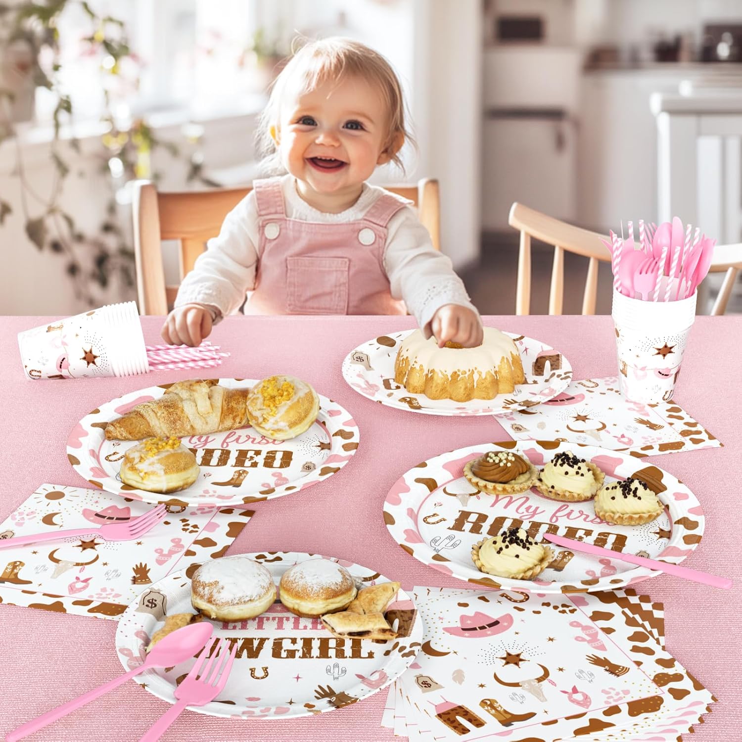 Costova My First Rodeo Supplies Tableware Set Girl, Cowgirl 1st Birthday Party Decorations, Western Wild West One Year Old Birthday Supplies Girl, My First Rodeo Banner Tablecloth Plates Napkins