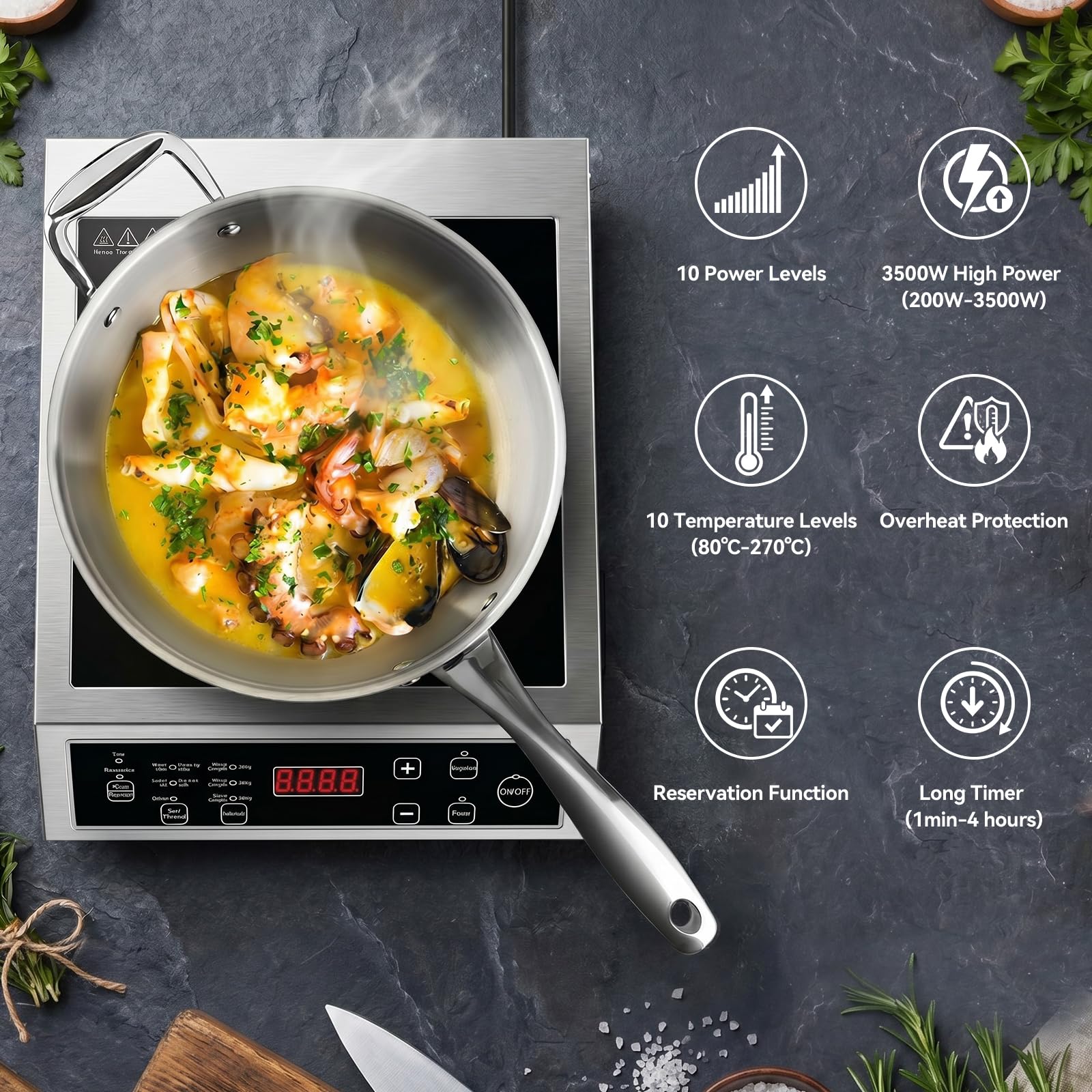 Placa de Inducción 3500W Portátil, Cocina de Inducción Individual con Control Táctil, 10 Niveles de Potencia y Temperatura, Temporizador 4 Horas, Uso Profesional