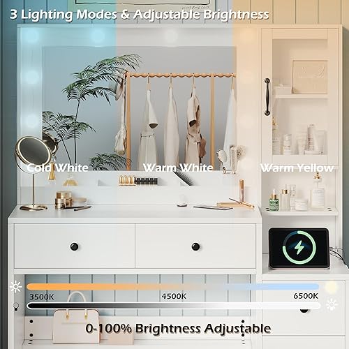 Miniatura 3 de Tocador con Luces, Juego de Tocador de Maquillaje con Estación de Carga y Silla, Tocador de Maquillaje con Espejo y 10 Luces LED, Tocador de