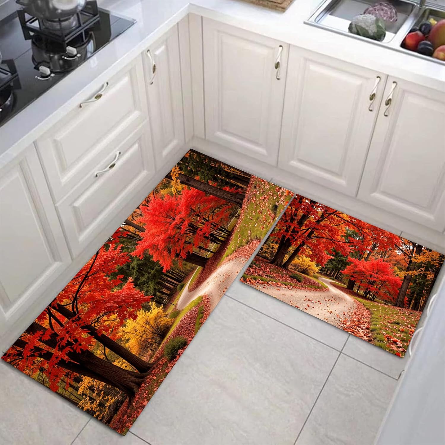 Autumn Maple Forest Kitchen Rug Sets 2 Piece Natural Landscape Non Slip Kitchen Rugs and Mats Washable Red and Orange Mats for Floor Thick Floor Mat Carpet Runner Rugs for Hallway Laundry