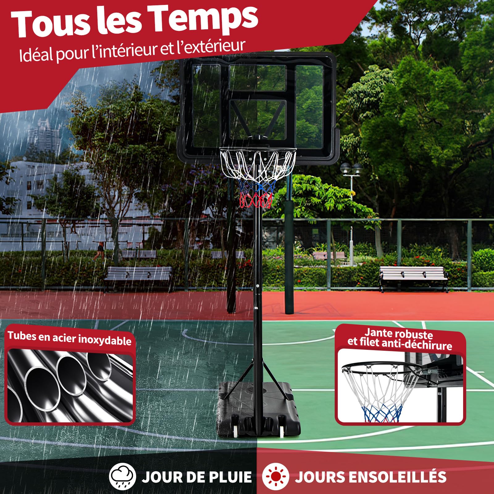 COSTWAY Panier de Basket Extérieur avec Hauteur Réglable 130-305 cm, Support de Basket sur Pied avec Panneau en HDPE et Filet, Base Remplissable & 2 Roues pour Adultes & Jeunes