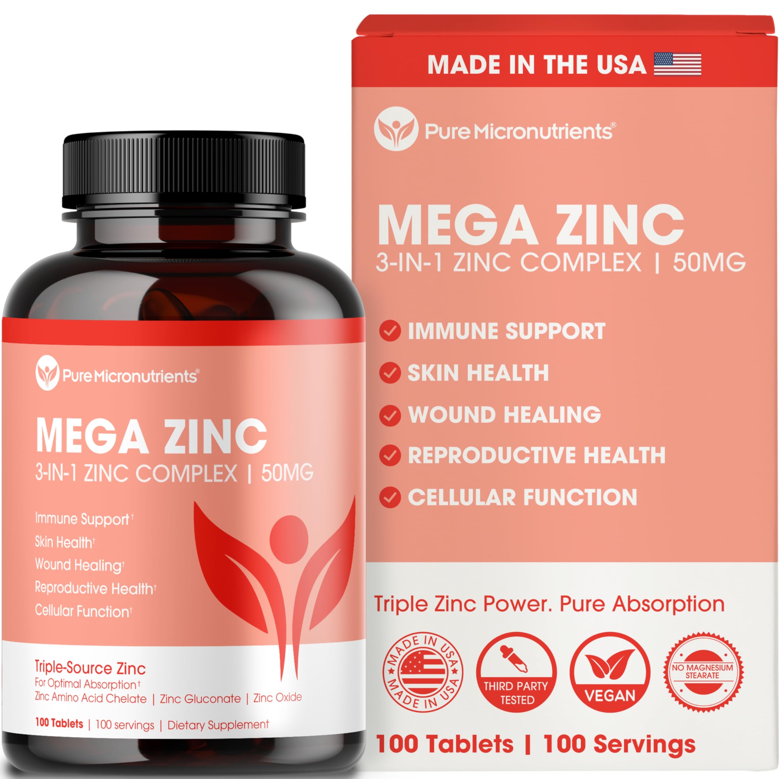 Mega Zinc Supplement, 50mg, 3-in-1 Zinc Complex, 100 Tablets - Pure Micronutrients