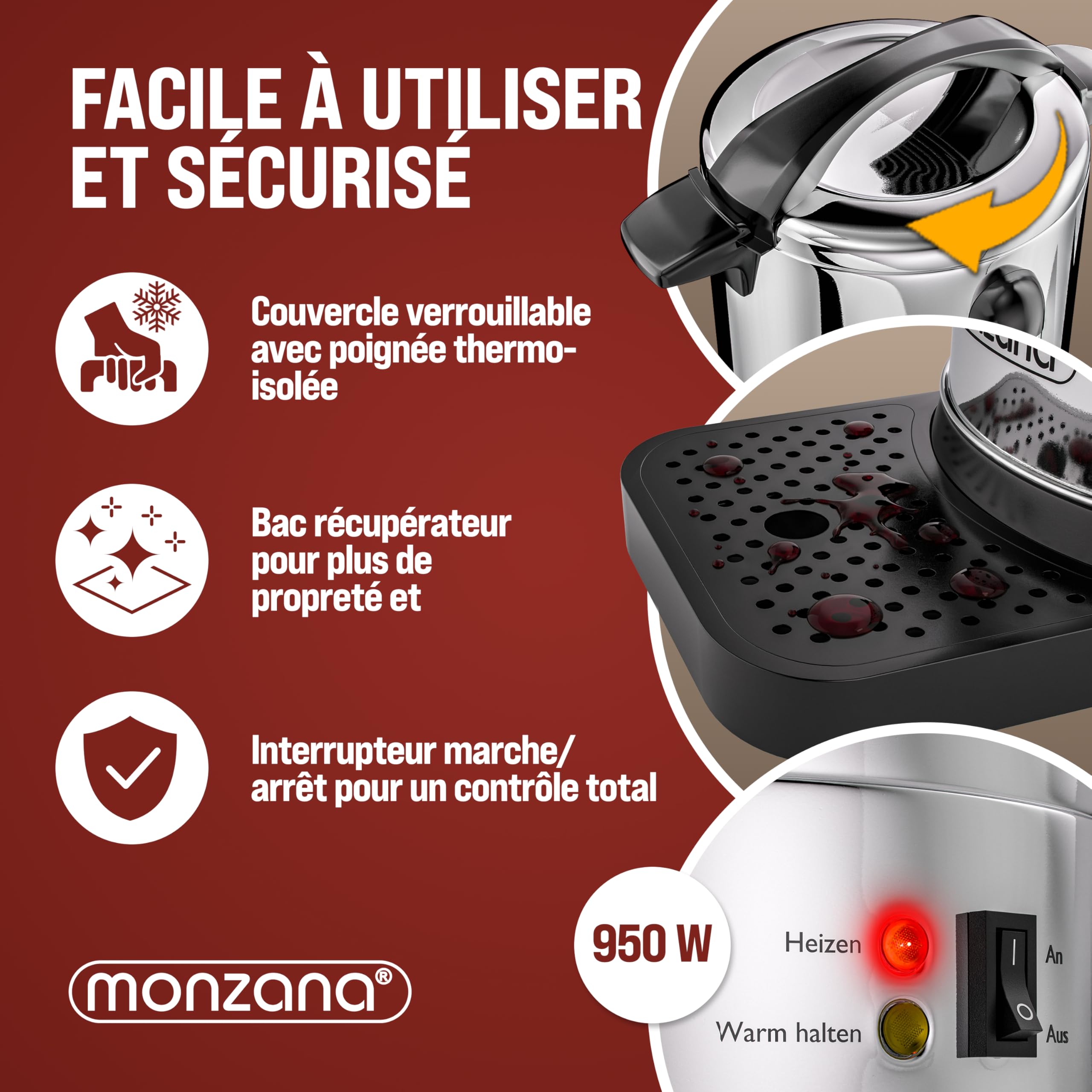 MONZANA® Distributeur de boissons chaudes 8,8L en acier inoxydable Bouilloire Marmite à vin chaud 950W Chauffe eau avec température réglable 40 tasses