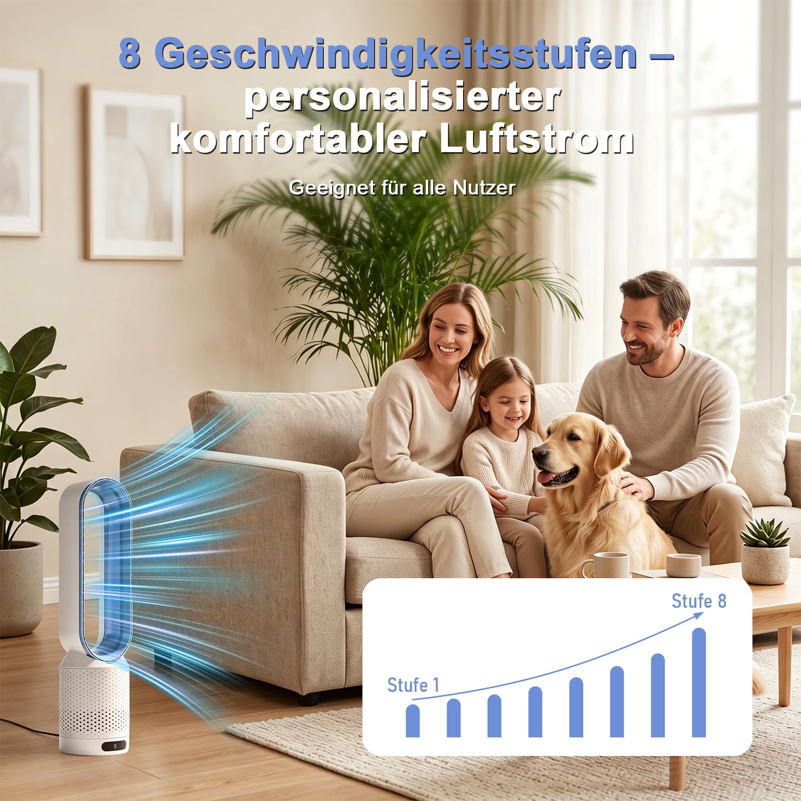 Rotorloser Ventilator mit Fernbedienung, Bladeless Fan, mobiles Klimagerät, 8 Gänge, 90° Oszillation, 30W, Blau