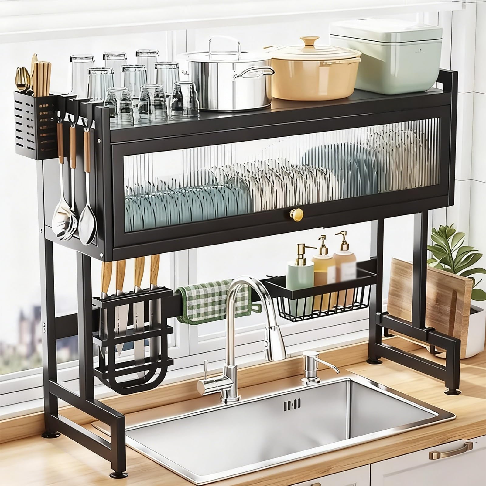 Escurridor de platos para colocar sobre el fregadero, organizador de almacenamiento grande para fregadero, escurridor de platos para encimera de cocina, para platos, vasos, cuencos y cubiertos, ahorra