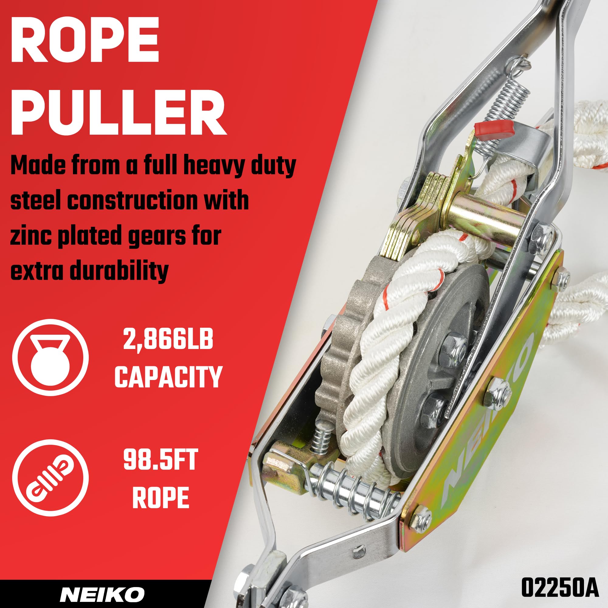 NEIKO 02250A Seilabzieher, 3/4-Ton (0,7 kg) Zugkapazität, 2 Haken, robustes Stromkabel mit Doppelgetriebe, Handseilzug, Automobil-Hebewinde Abzieher, Bergungsgetriebe