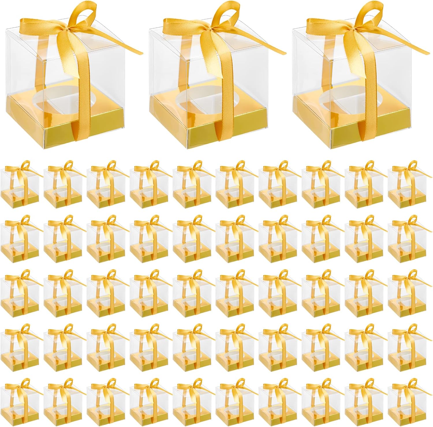 96 Pieces Individual Cupcake Boxes Single Cupcake Container Clear Cupcake Carrier Plastic Cupcake Storage Cupcake Holder with Ribbon and Insert for Wedding Birthday Party Favor, 3.5 x 3.5 x 3.5(Gold)