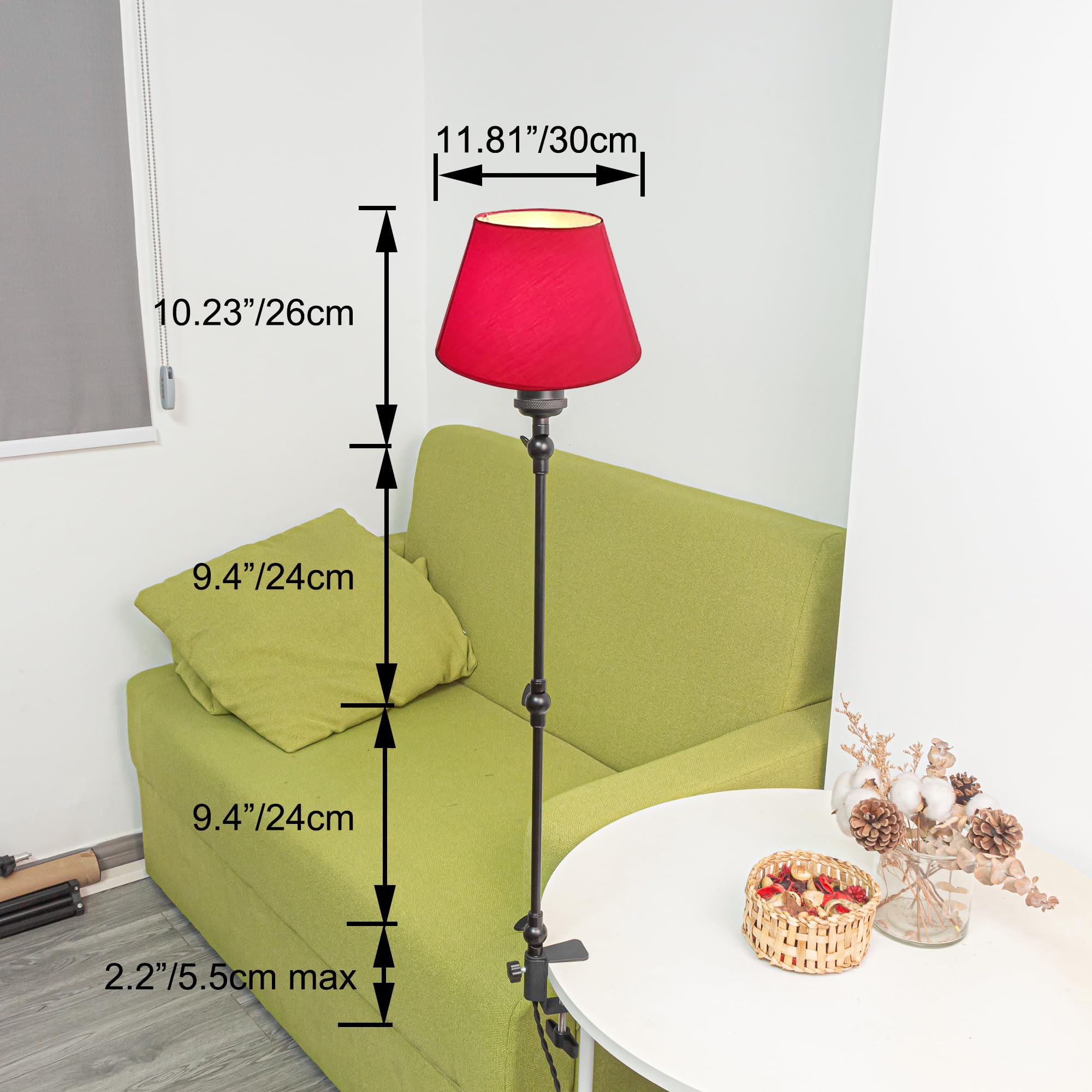 Klemmleuchte Einstellbar, Leselampe mit 2,5 m Kabel und Rot Stoff-Lampenschirm, Dimmbar Nachttischlampe,Augenpflege Schreibtischlampe für Büro Heimgebrauch, E27 Lampenhalterung-TD0641