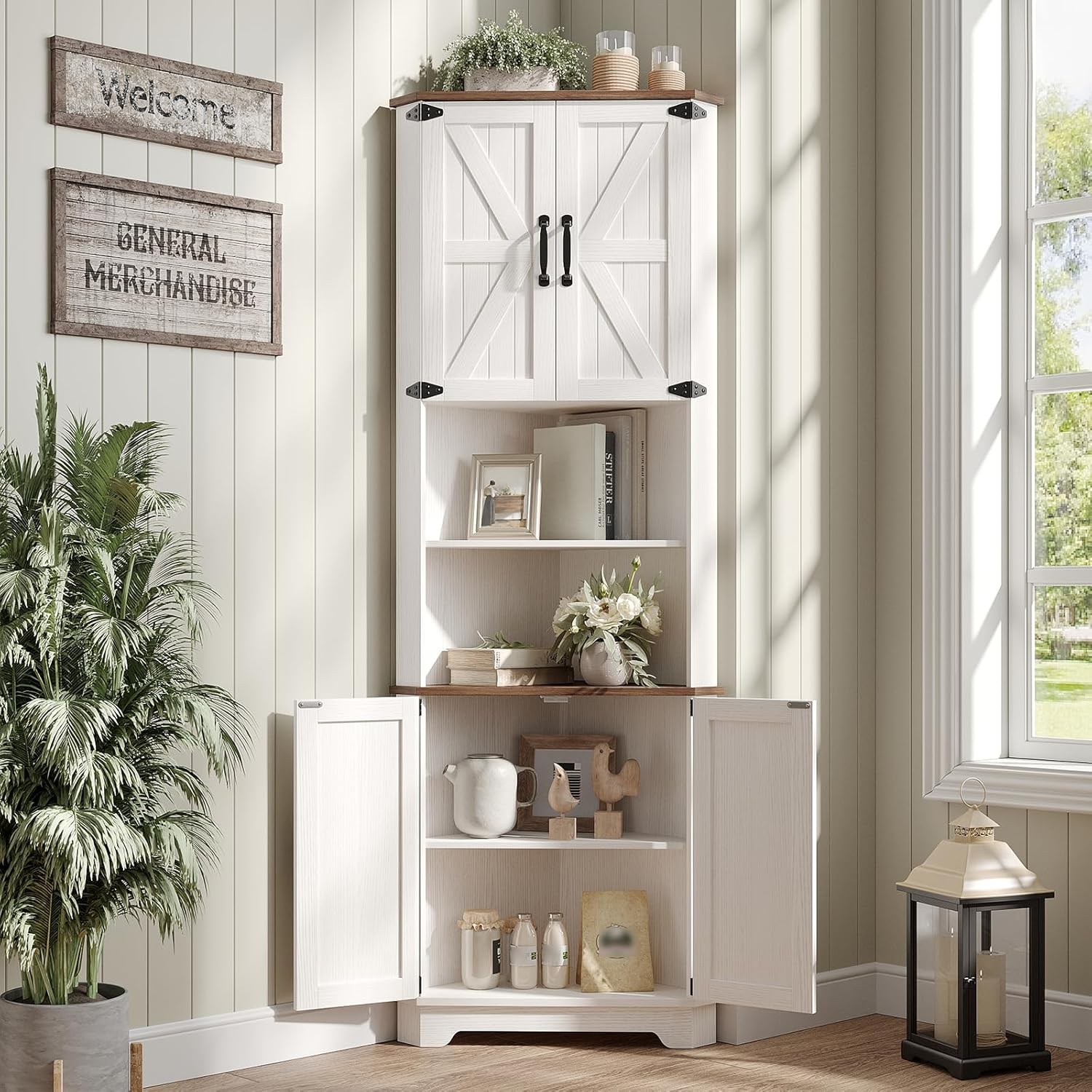 Vabches 68.9" Tall Corner Cabinet, Farmhouse Style Storage Cabinet with Adjustable Shelve, Barn Door Design, Home Space Saver for Kitchen,Bathroom, Living Room, Dining Room (White)