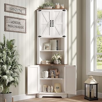 Vabches 68.9" Tall Corner Cabinet, Farmhouse Style Storage Cabinet with Adjustable Shelve, Barn Door Design, Home Space Saver for Kitchen,Bathroom, Living Room, Dining Room White
