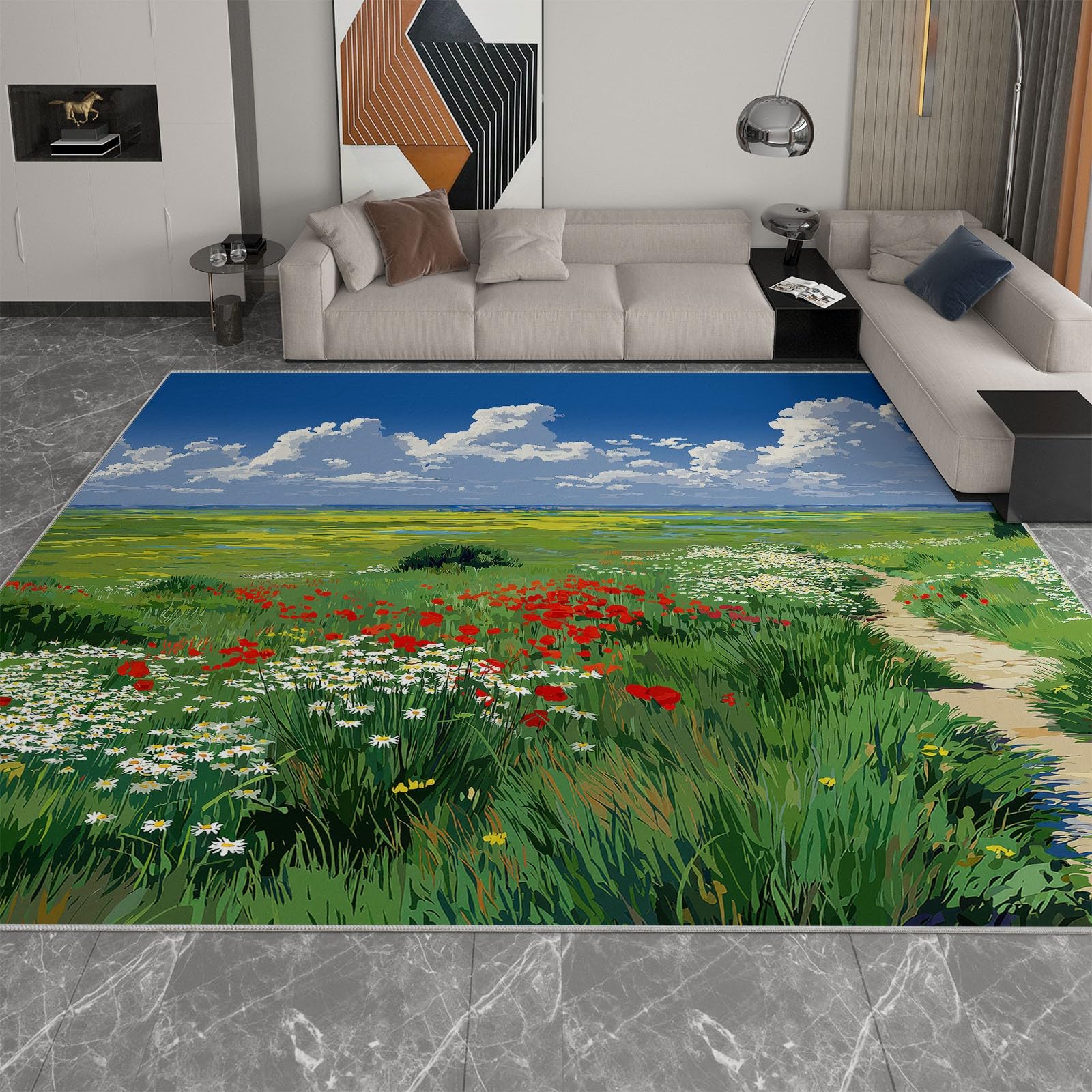 Tapis de salon vert 140x200 cm au design prairie élégant et finitions douces